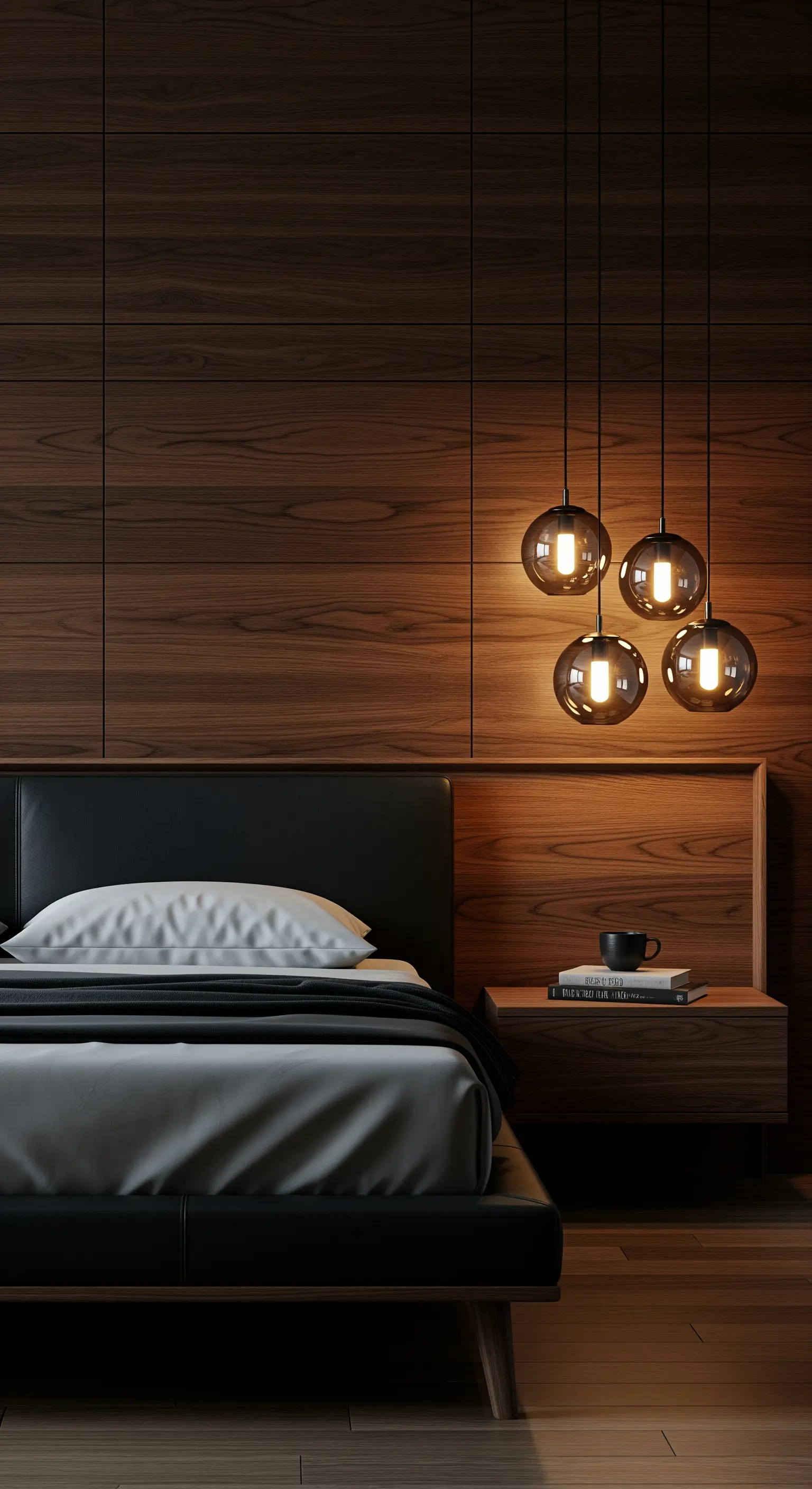Dunkles Schlafzimmer mit Holzwand, schwebenden Rauchglas-Pendelleuchten und minimalistischem Bett