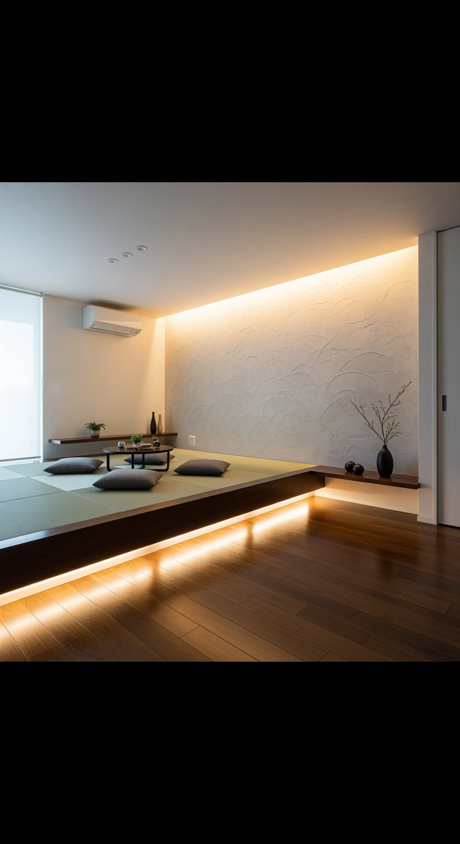 Minimalistischer Japandi-Wohnbereich auf einem Podest mit indirekter LED-Beleuchtung