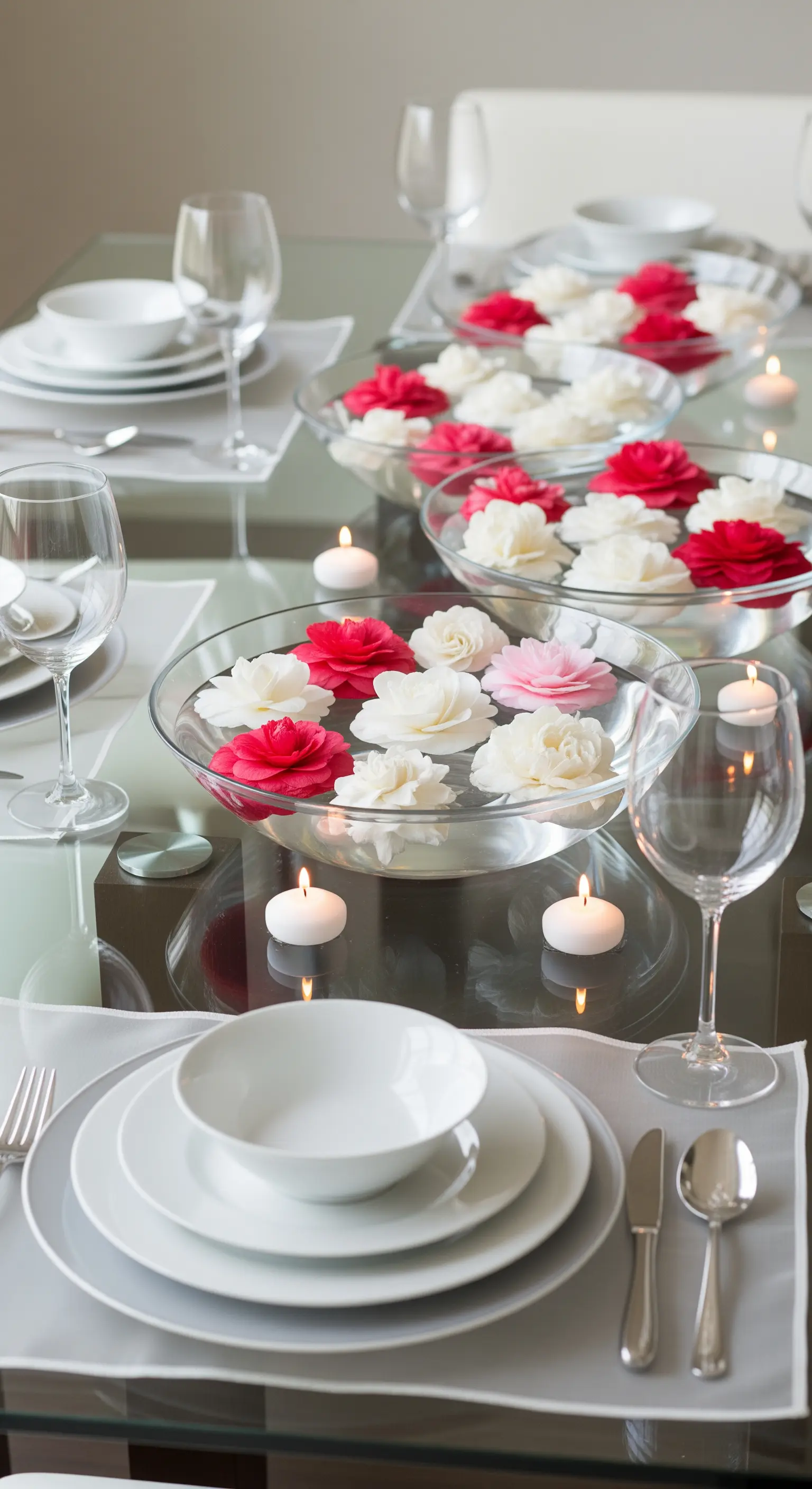 Minimalistische Tischdeko mit schwimmenden Kamelienblüten und Teelichtern in Glasschalen