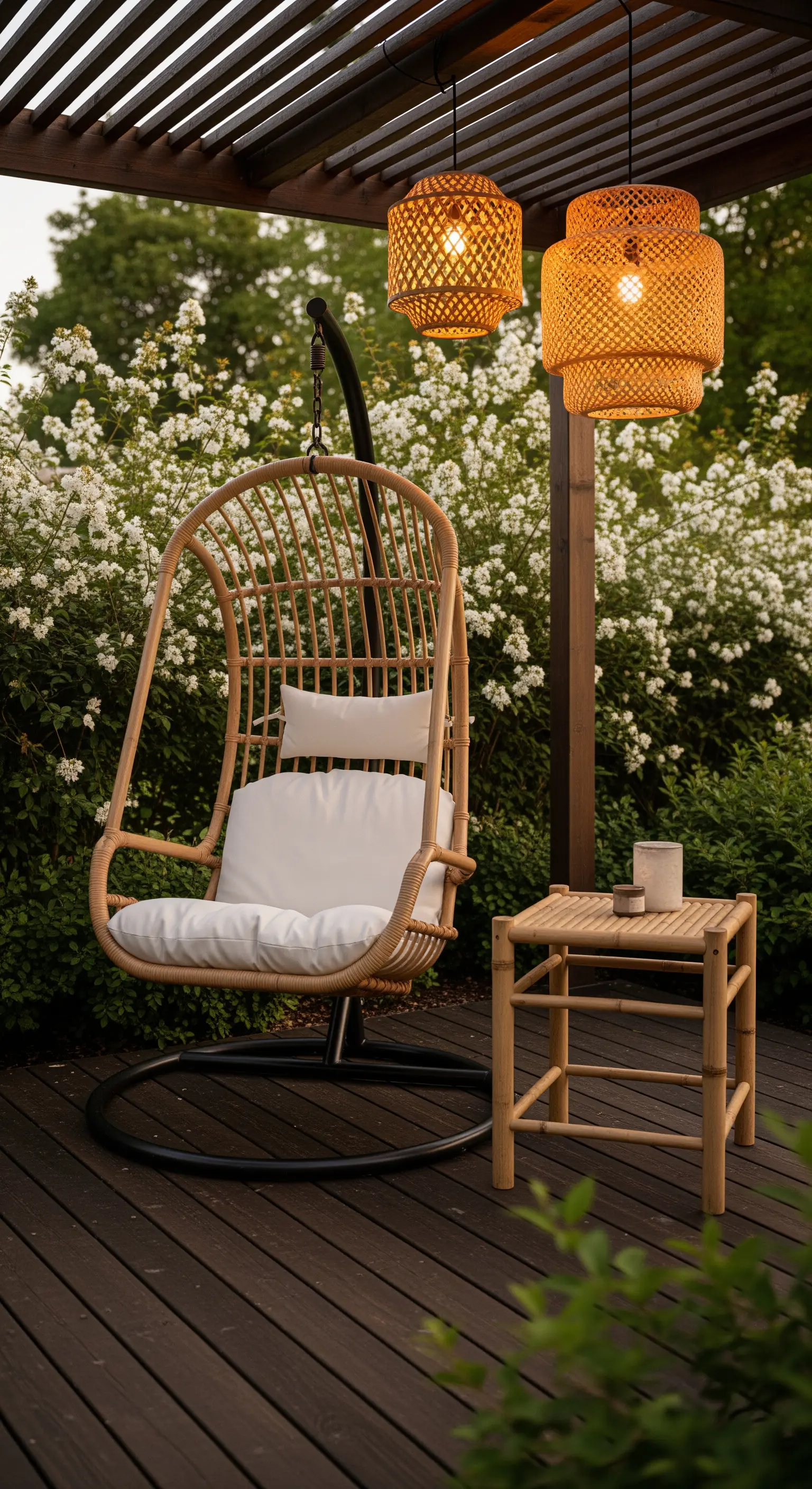 Rattan-Hängesessel mit Laternen unter blühender Pergola