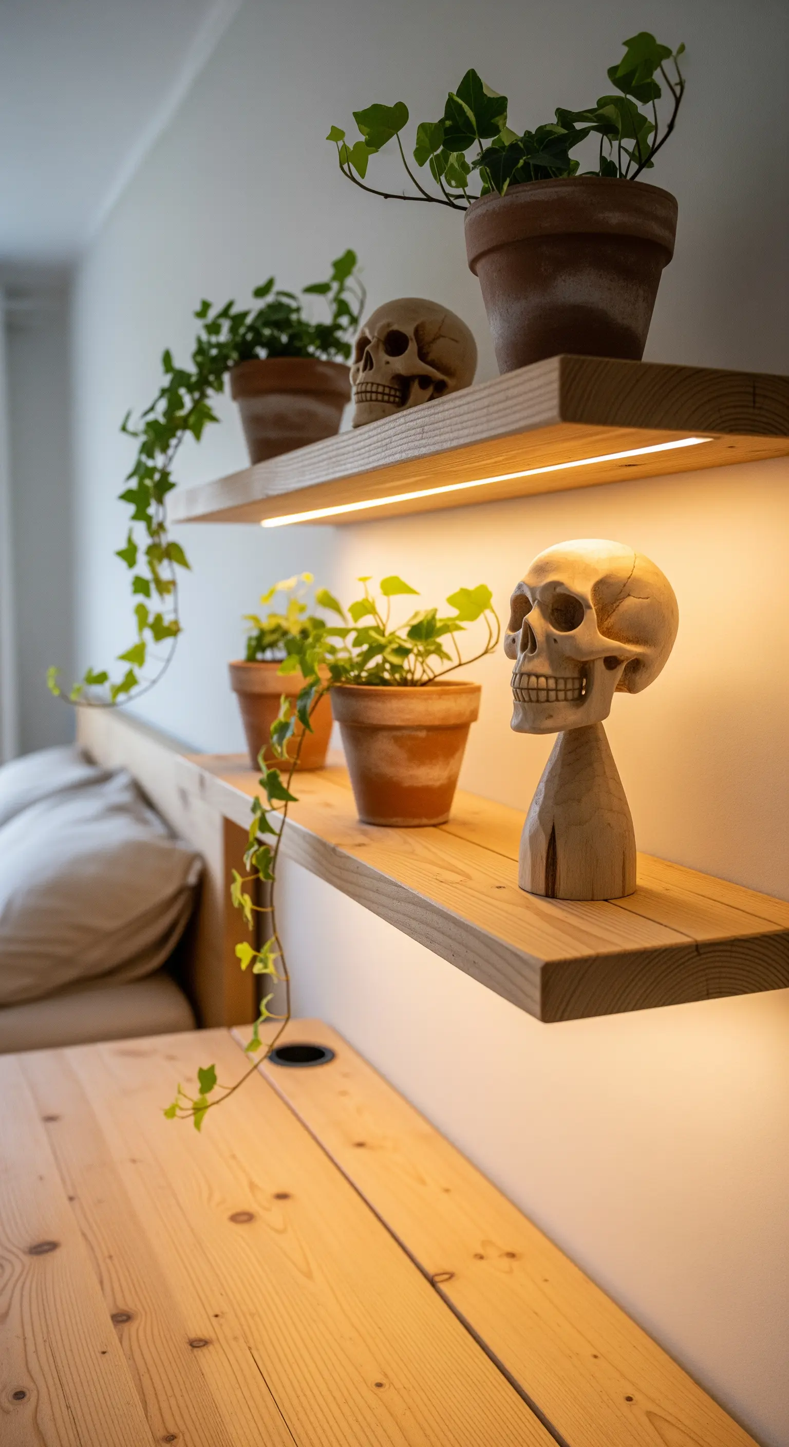 Regalbretter über Bett mit Efeu, Holzschädeln und indirekter Beleuchtung