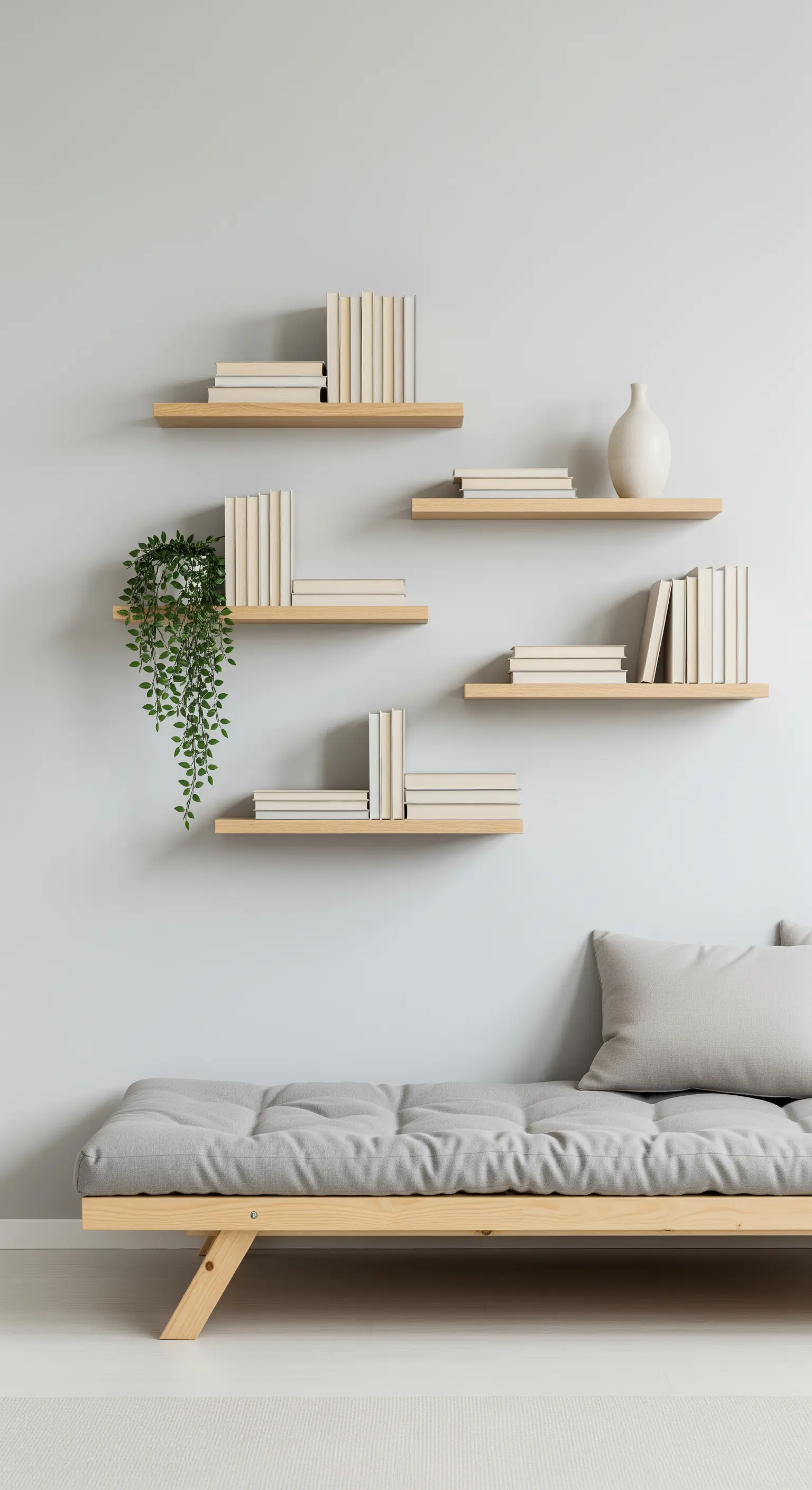 Asymmetrisch angeordnete Holz-Schwebeboards mit Büchern und einer Vase über einem Tagesbett.