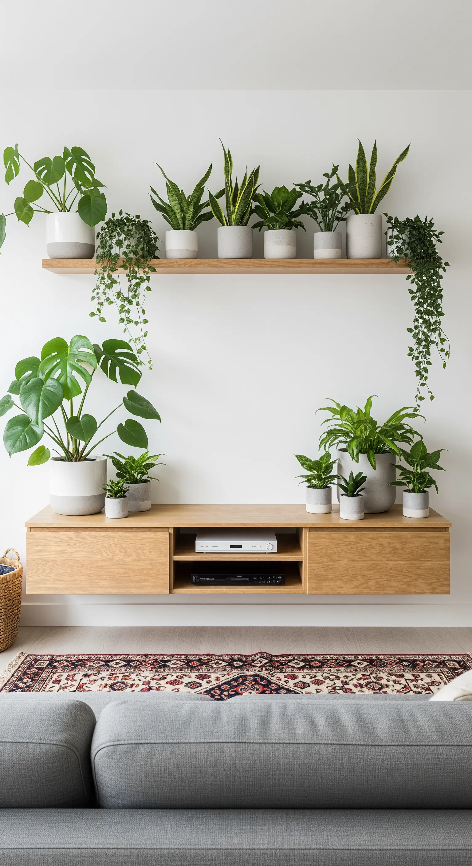 Zwei schwebende Holzregale über einem TV-Lowboard, bestückt mit einer Sammlung von Zimmerpflanzen.