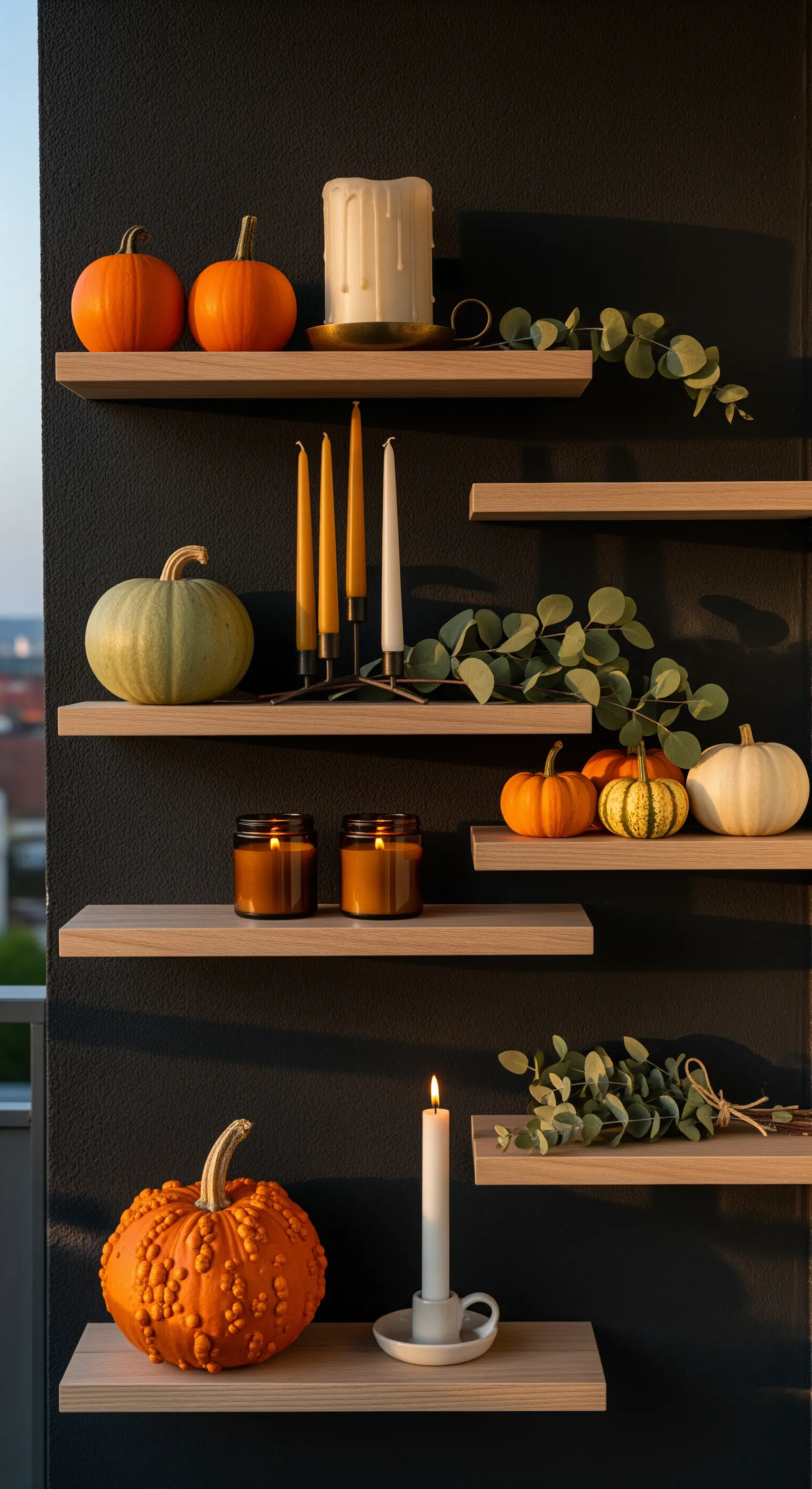 Schwebende Regale mit Kürbissen, Kerzen, Eukalyptuszweigen an dunkler Wand