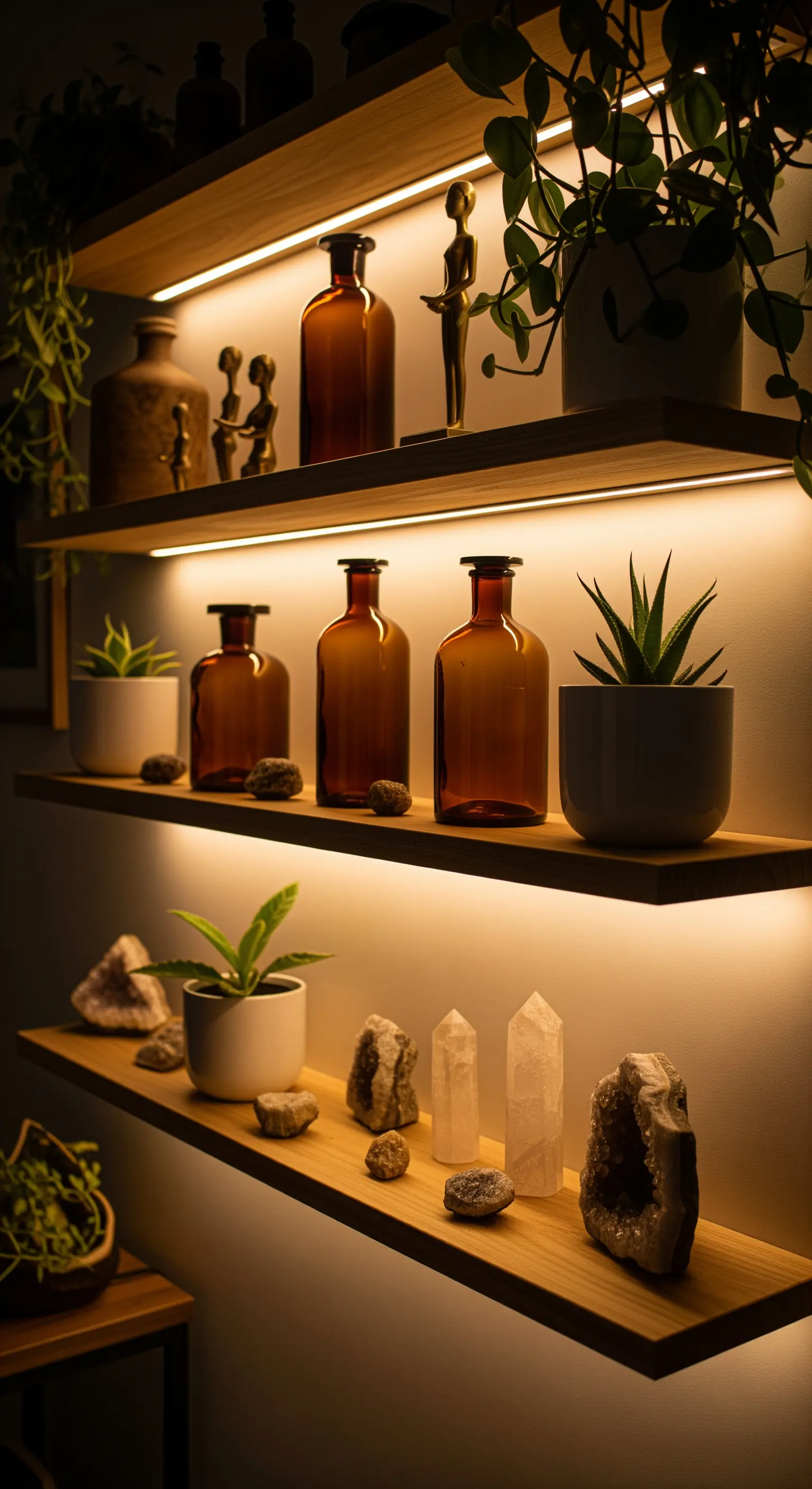Wandregale mit integrierter LED-Hintergrundbeleuchtung, die Deko-Objekte wie Flaschen und Kristalle erhellt.
