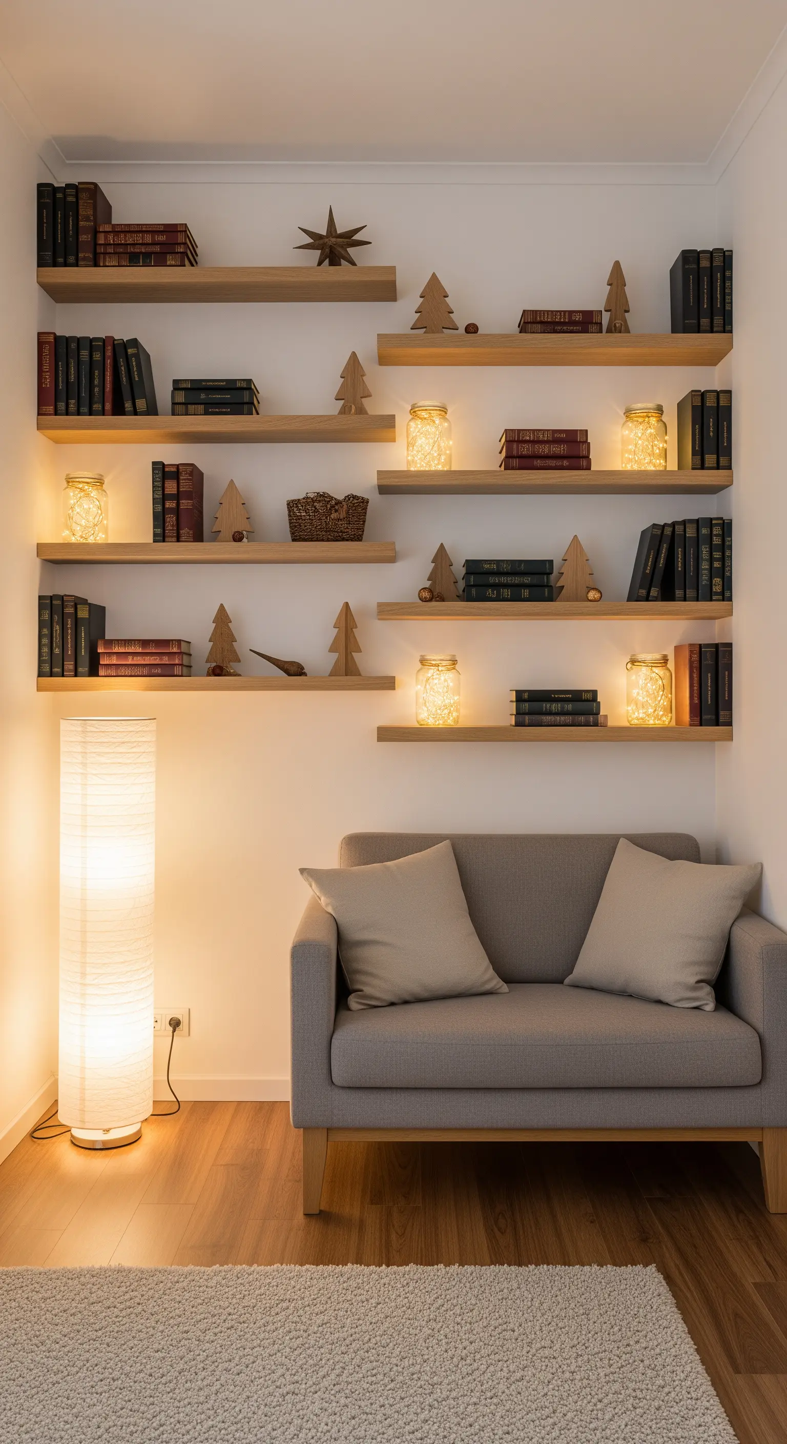 Schwebende Holzregale mit Büchern, Holzbäumen, Lichterketten in Gläsern und Stehlampe.