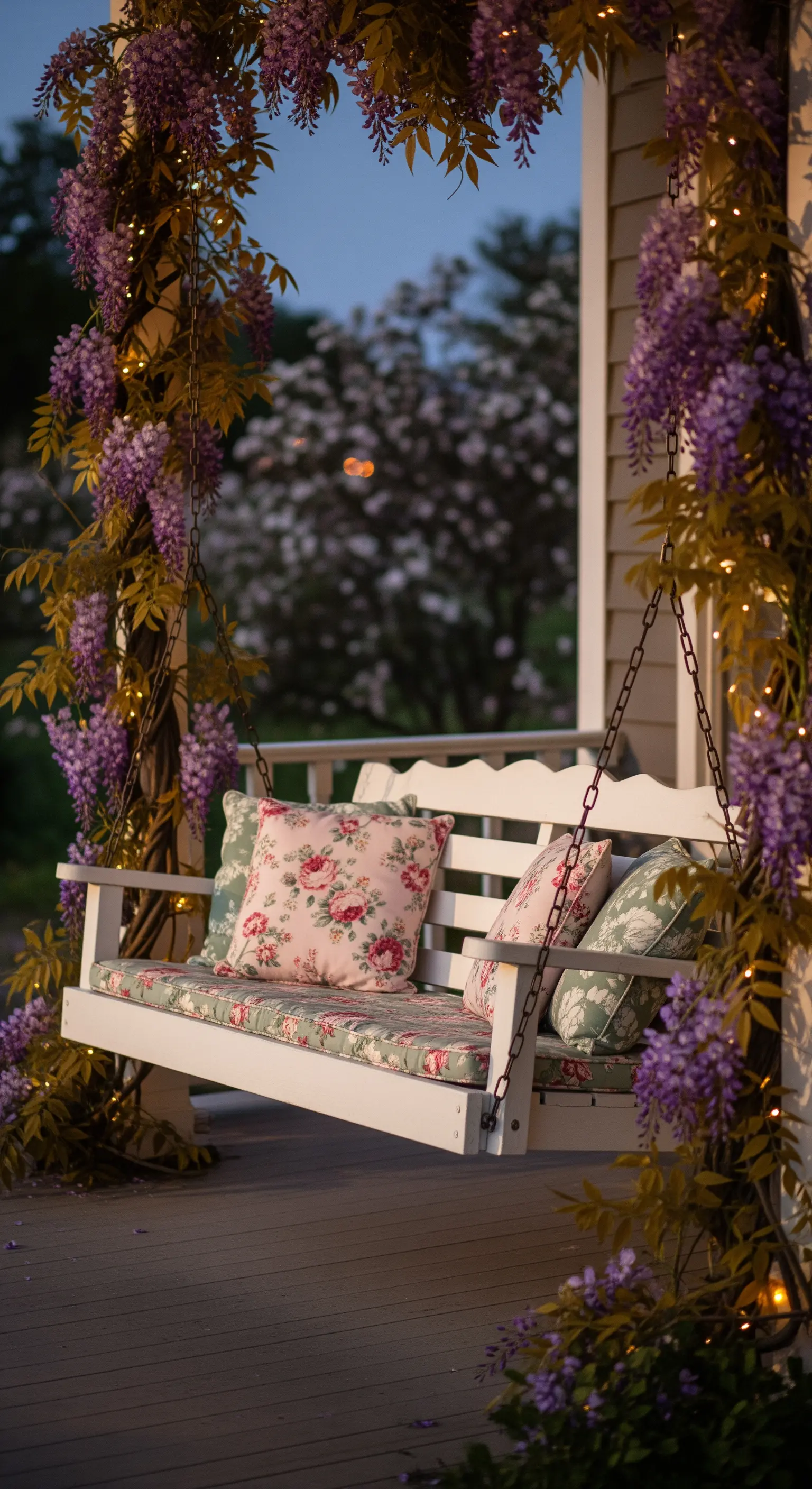 Romantische Schaukelbank mit Wisteria, floralen Kissen und funkelnden Lichterketten