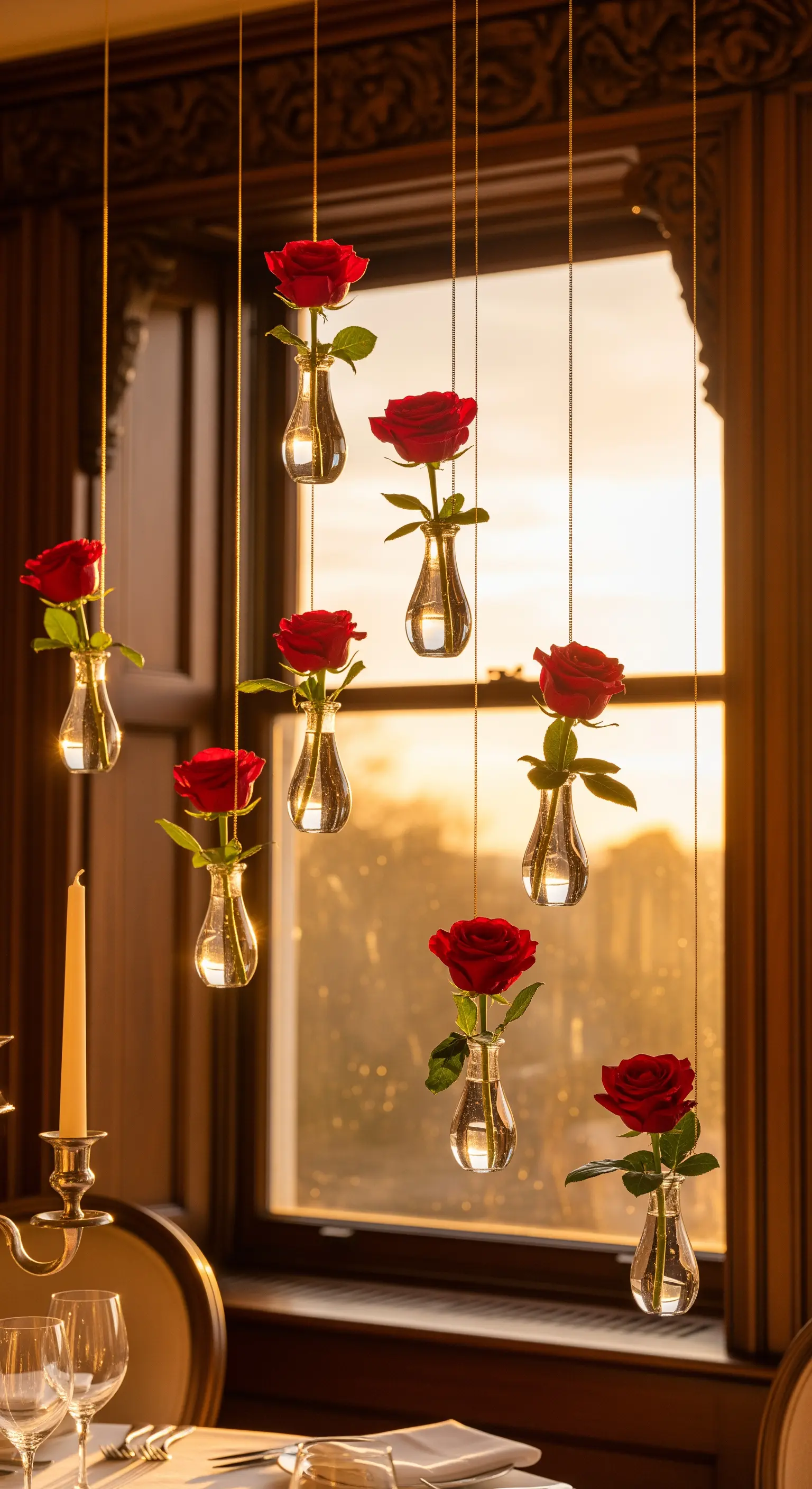 Rote Rosen in kleinen, in verschiedenen Höhen hängenden Glasvasen vor einem Fenster.