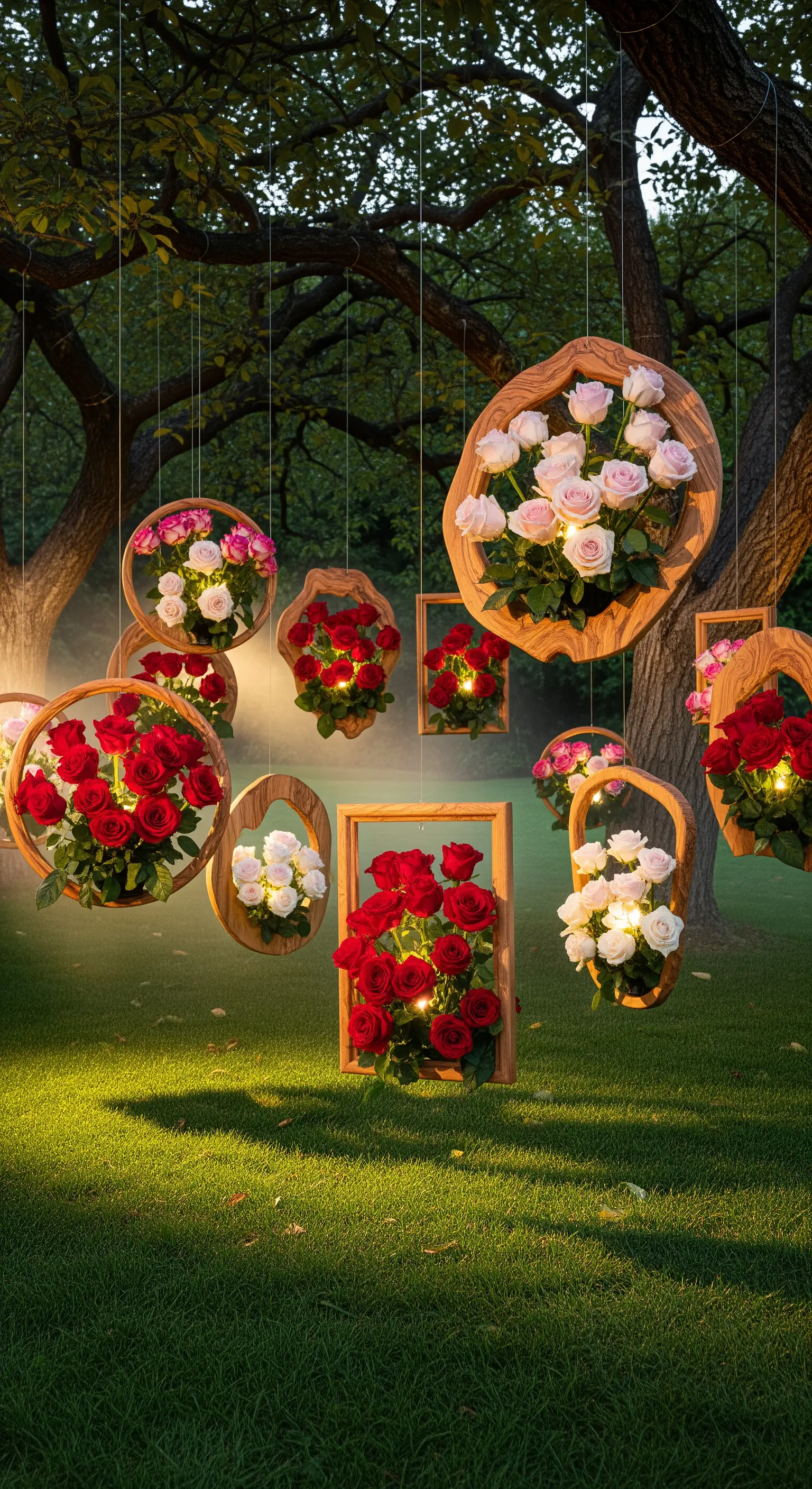 Hängende Olivenholzrahmen und -ringe mit Rosen und Lichterketten im Garten