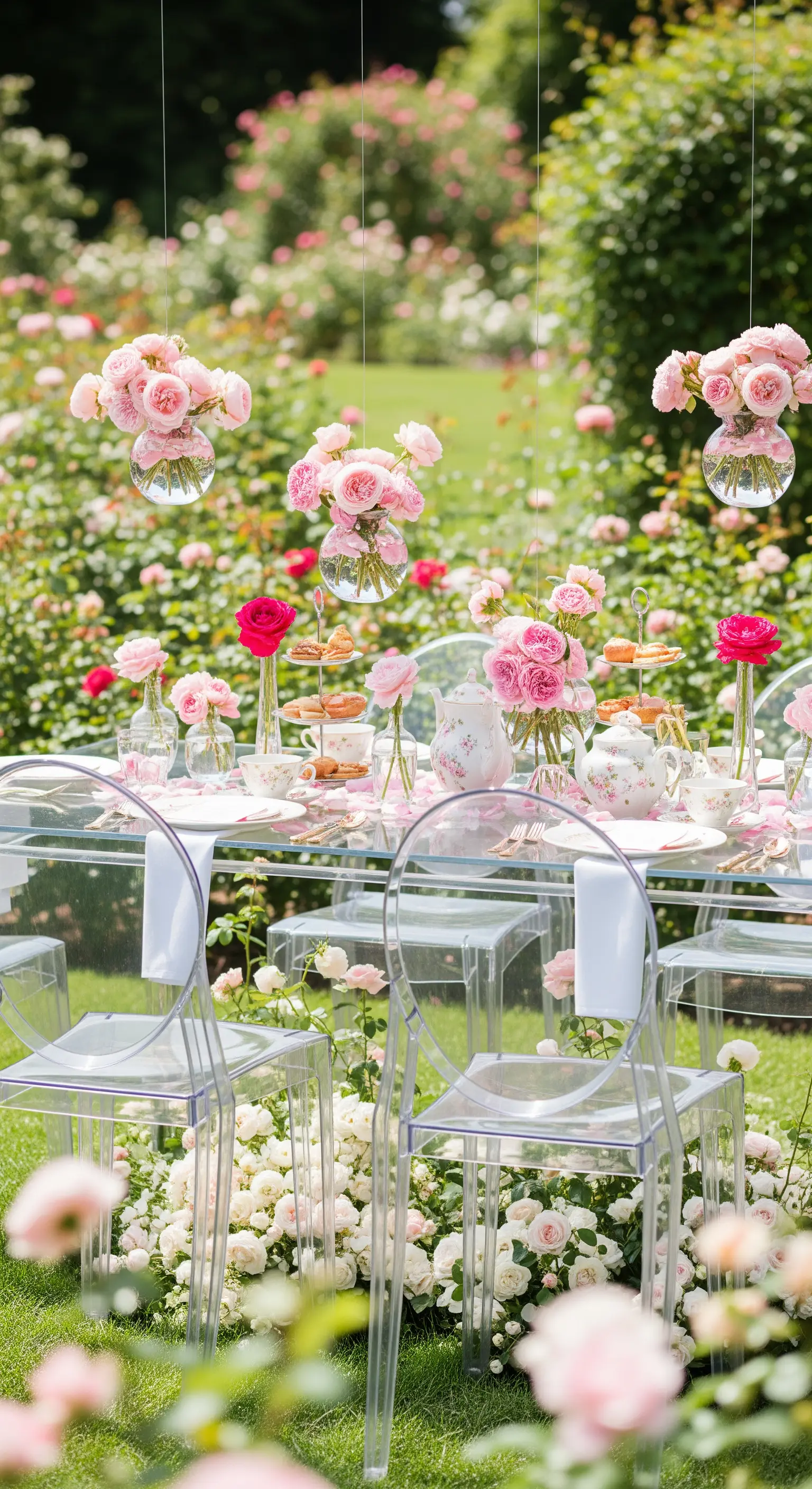Glastisch mit transparenten Stühlen über weißen Rosen, schwebende Blütenkugeln