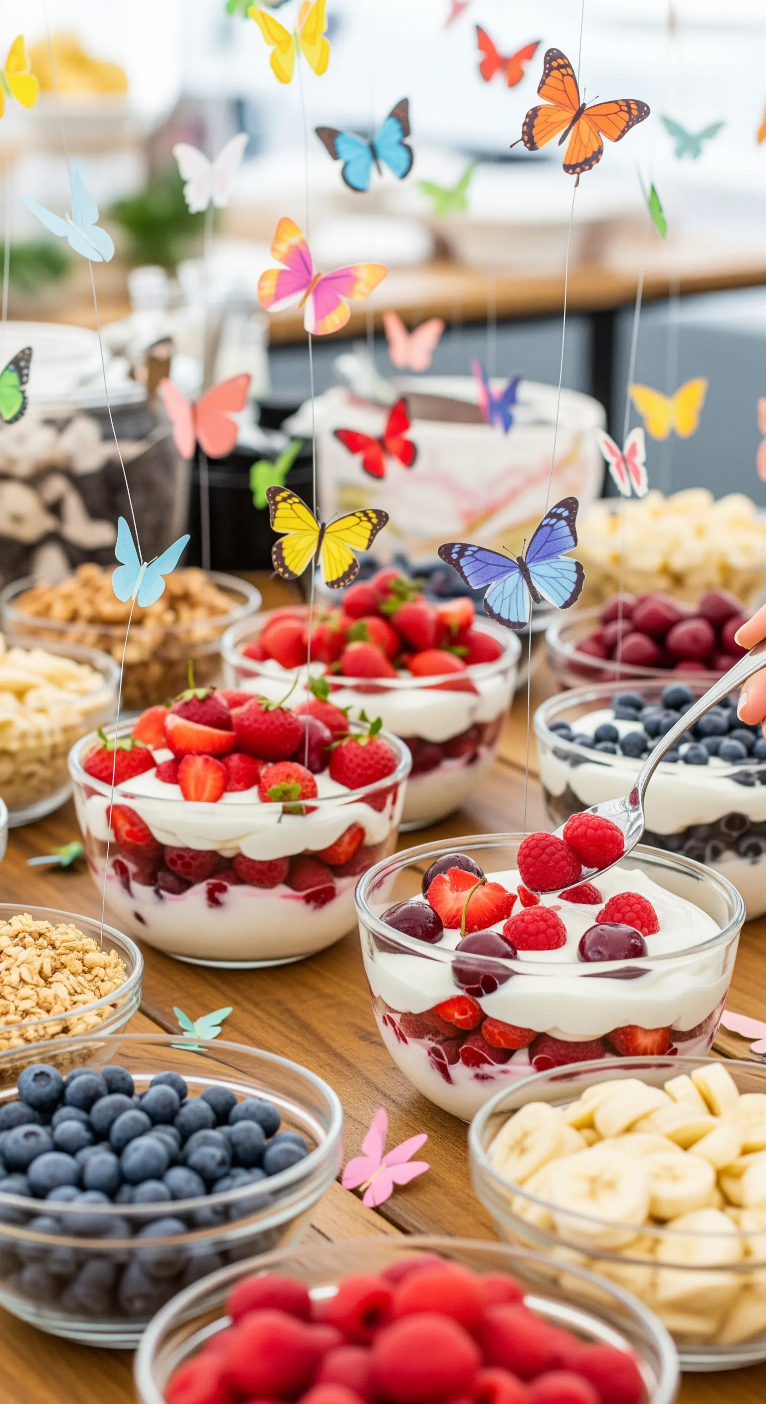 Joghurt-Bar mit frischen Früchten, Müsli und bunten, schwebenden Schmetterlingen.