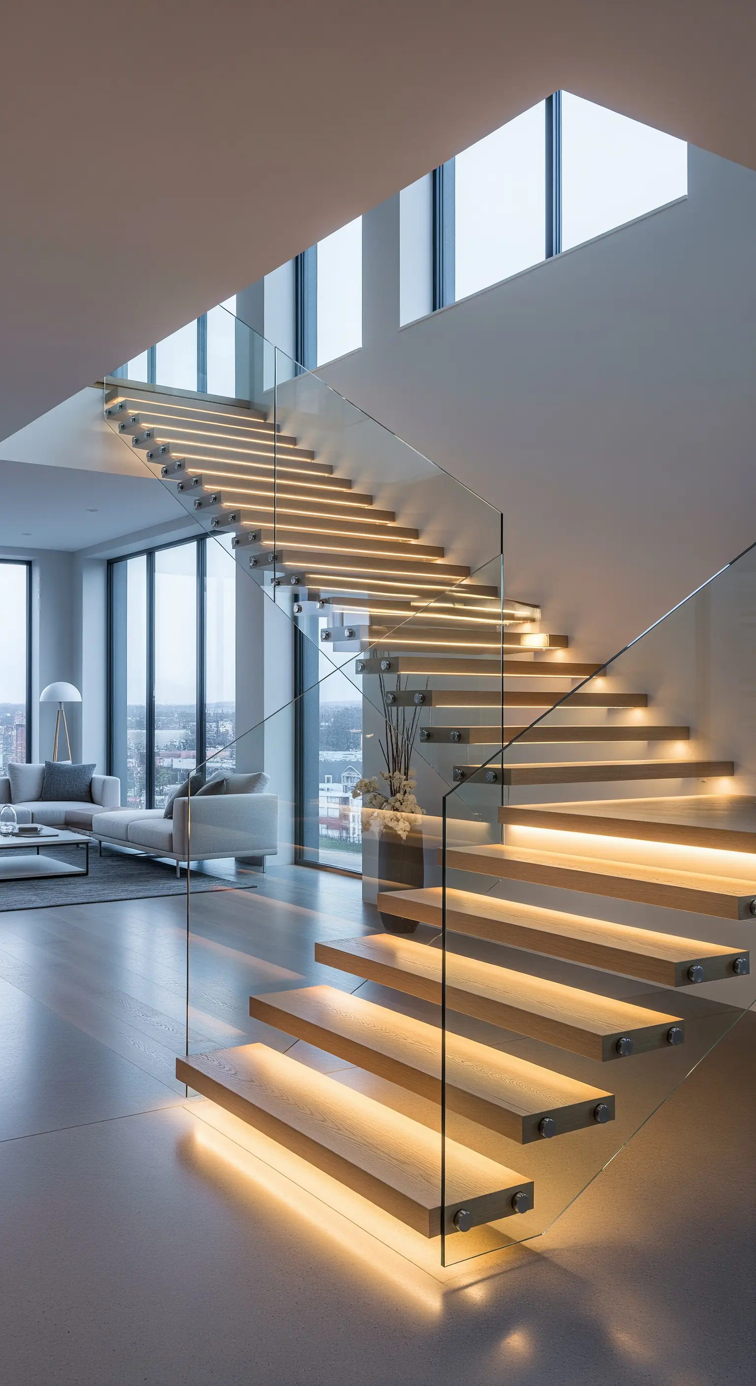 Eine moderne Holztreppe mit Glasgeländer, bei der jede Stufe von unten beleuchtet ist.