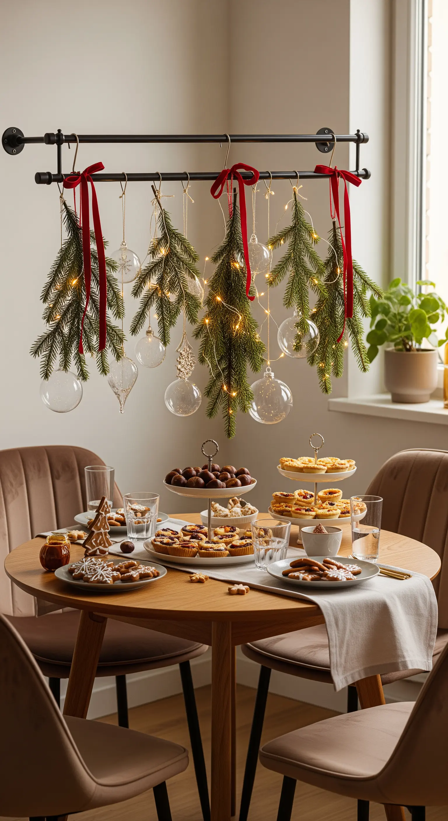 Hängende Tannenzweige mit Kugeln und Lichtern über Esstisch.