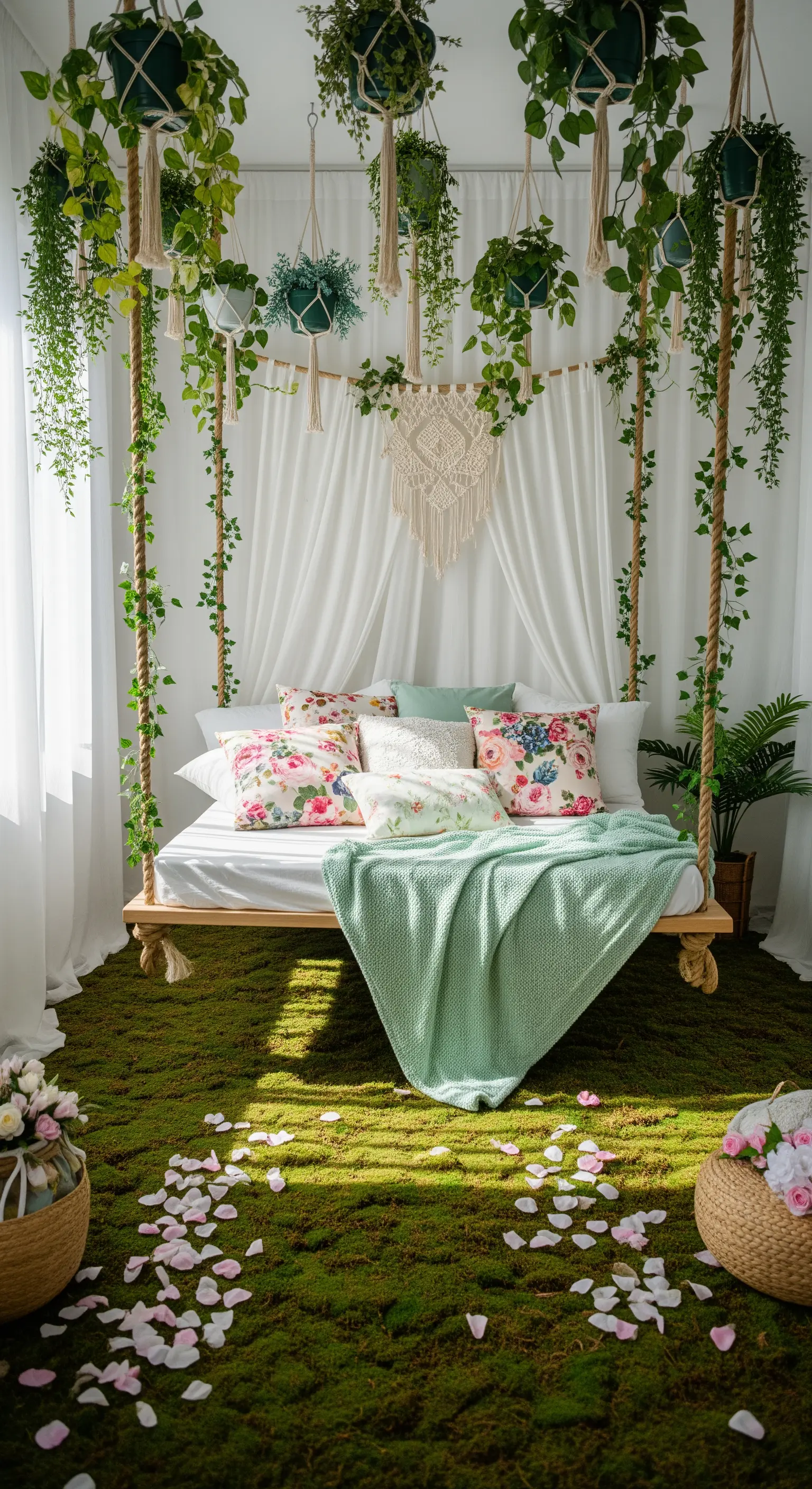 Romantisches Hänge-Bett umgeben von unzähligen Pflanzen und einem moosartigen Teppich.
