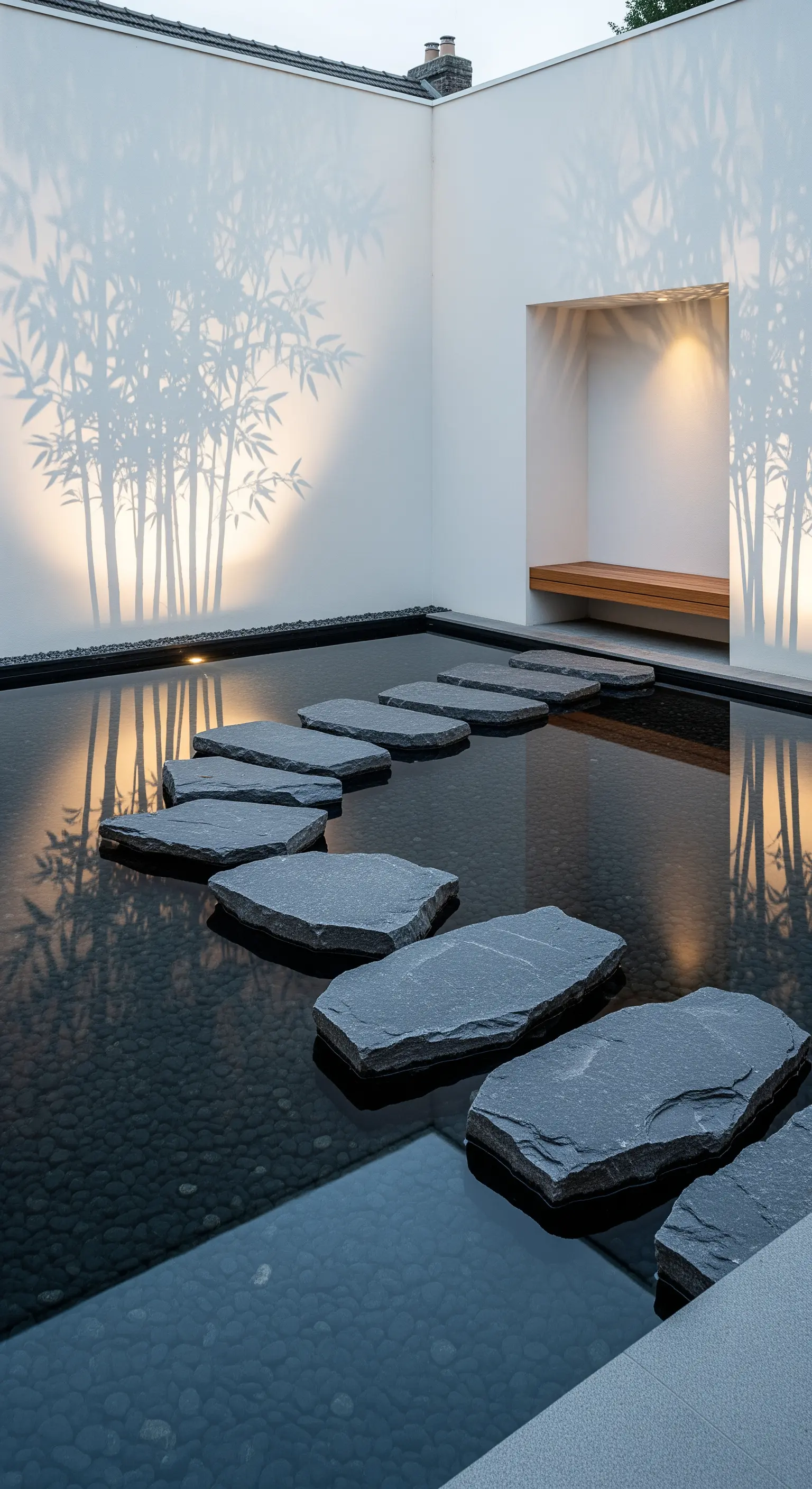 Schwimmende Trittsteine auf Wasserfläche, Bambusschatten an der Wand und Sitznische