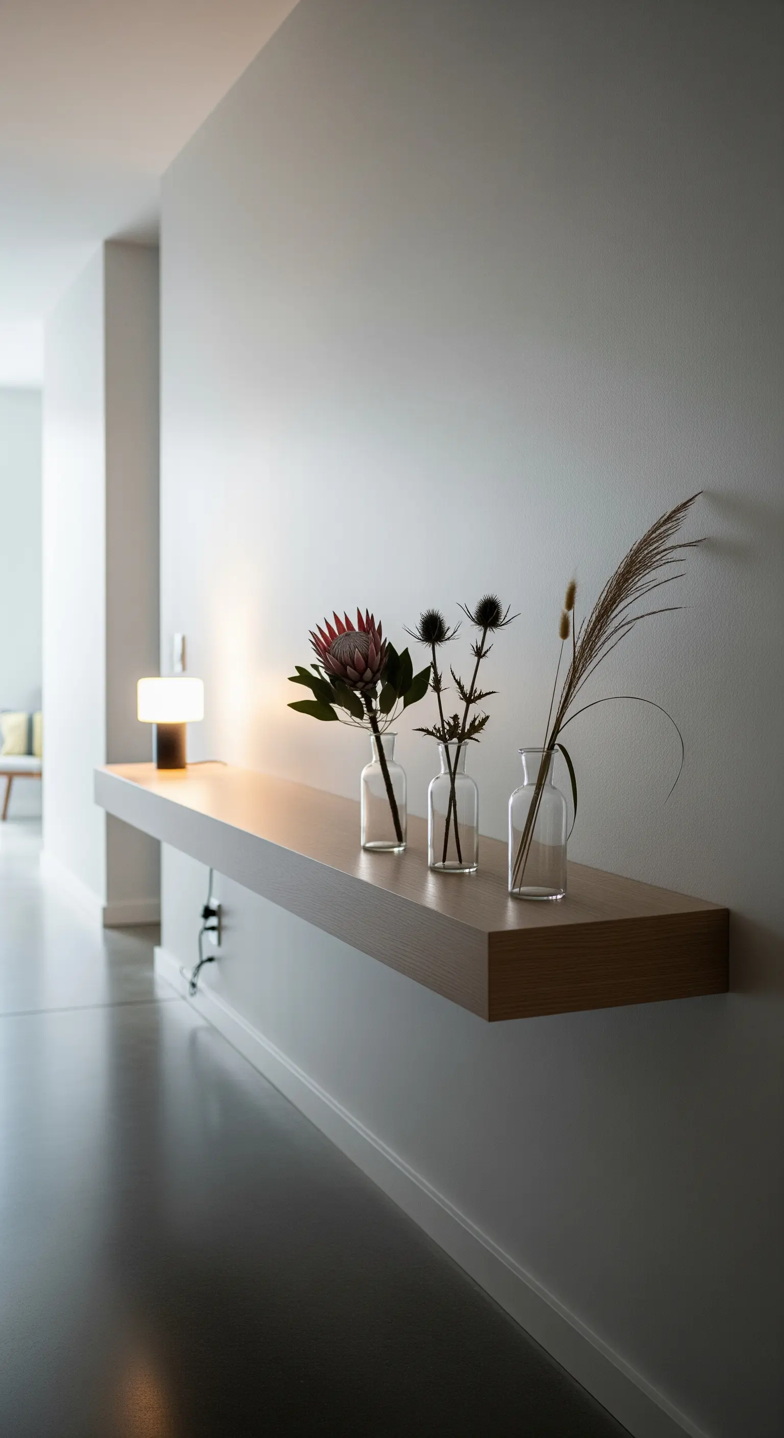 Schwebende Wandkonsole mit Protea, Disteln, Pampasgras, Lampe.