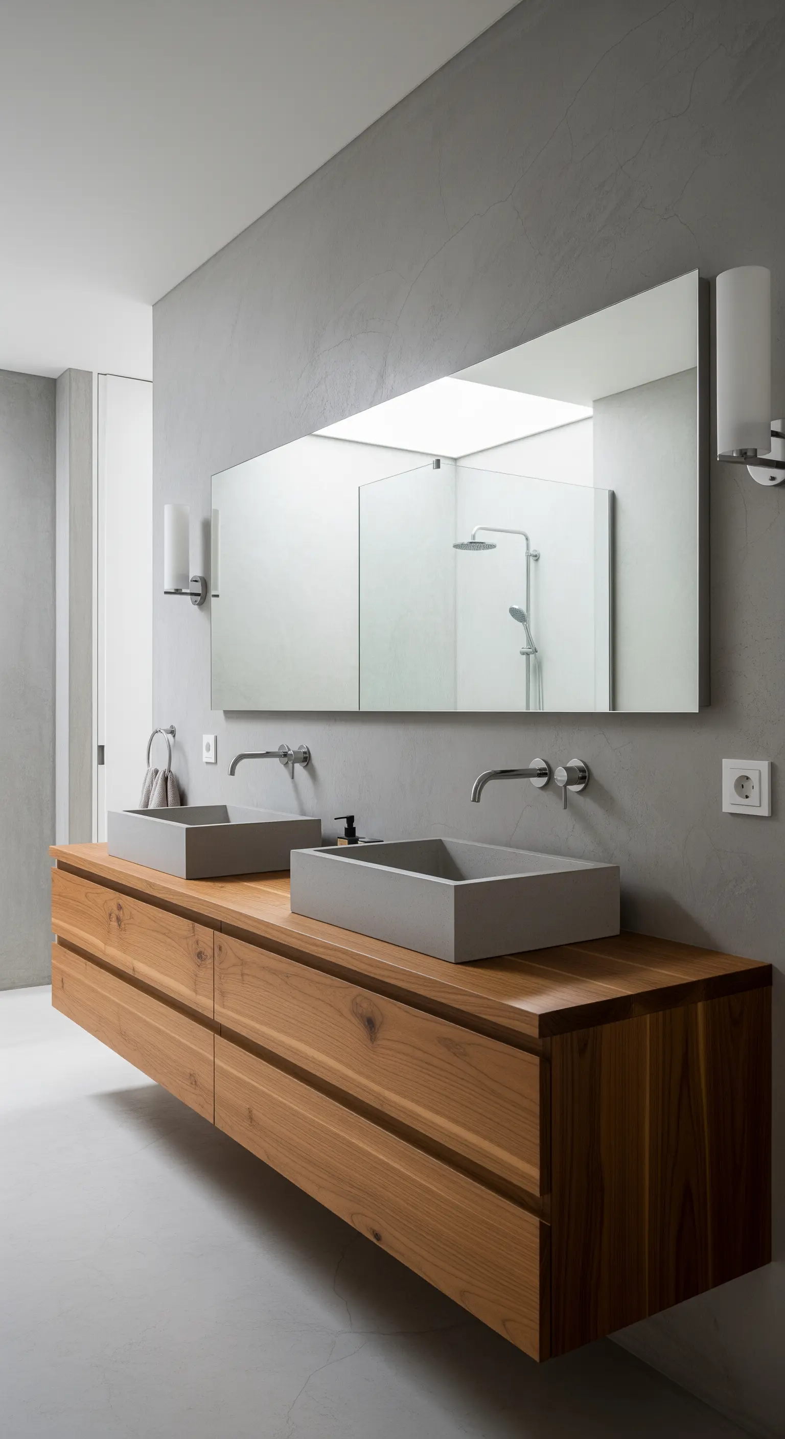 Badezimmer mit schwebendem Holzwaschtisch und aufgesetzten Beton-Waschbecken.