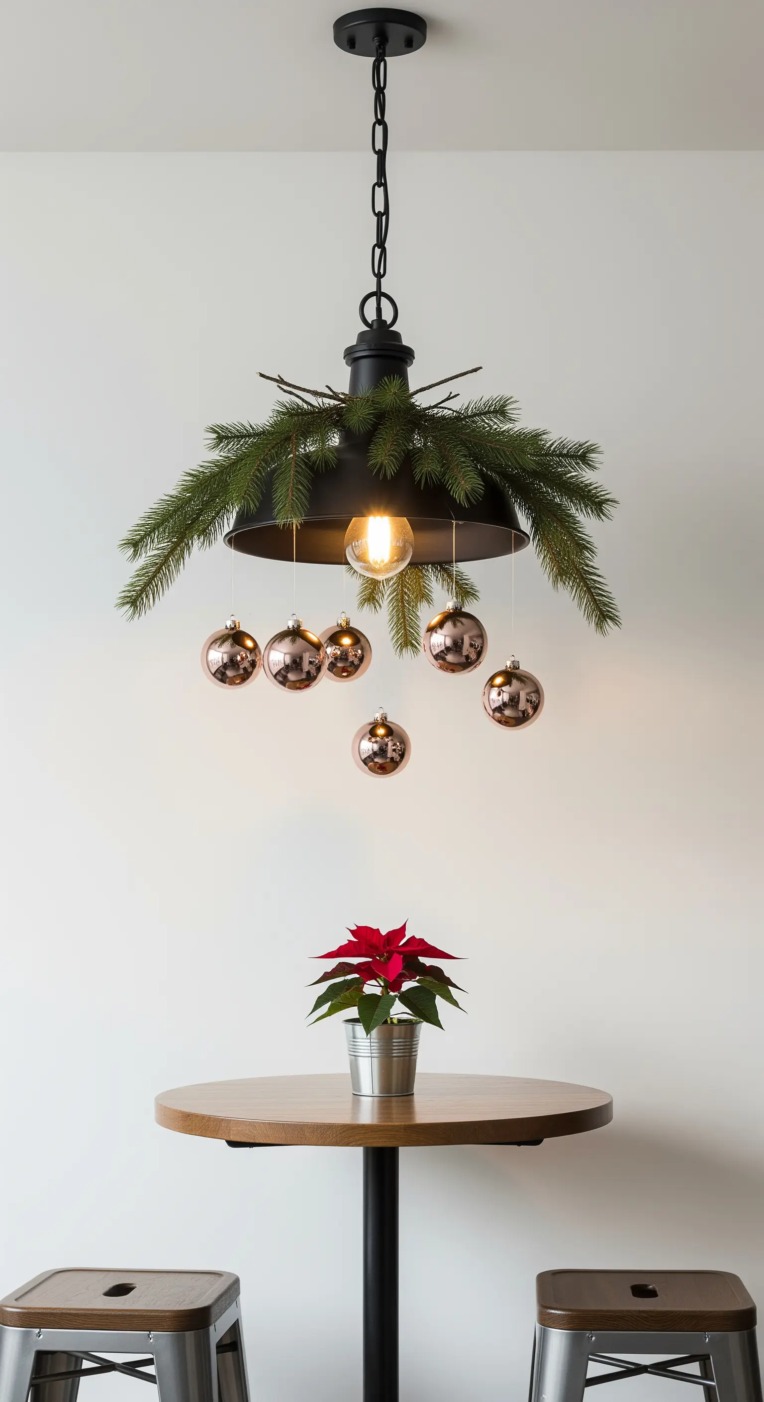 Hängelampe mit Tannenzweigen und roségoldenen Weihnachtskugeln.