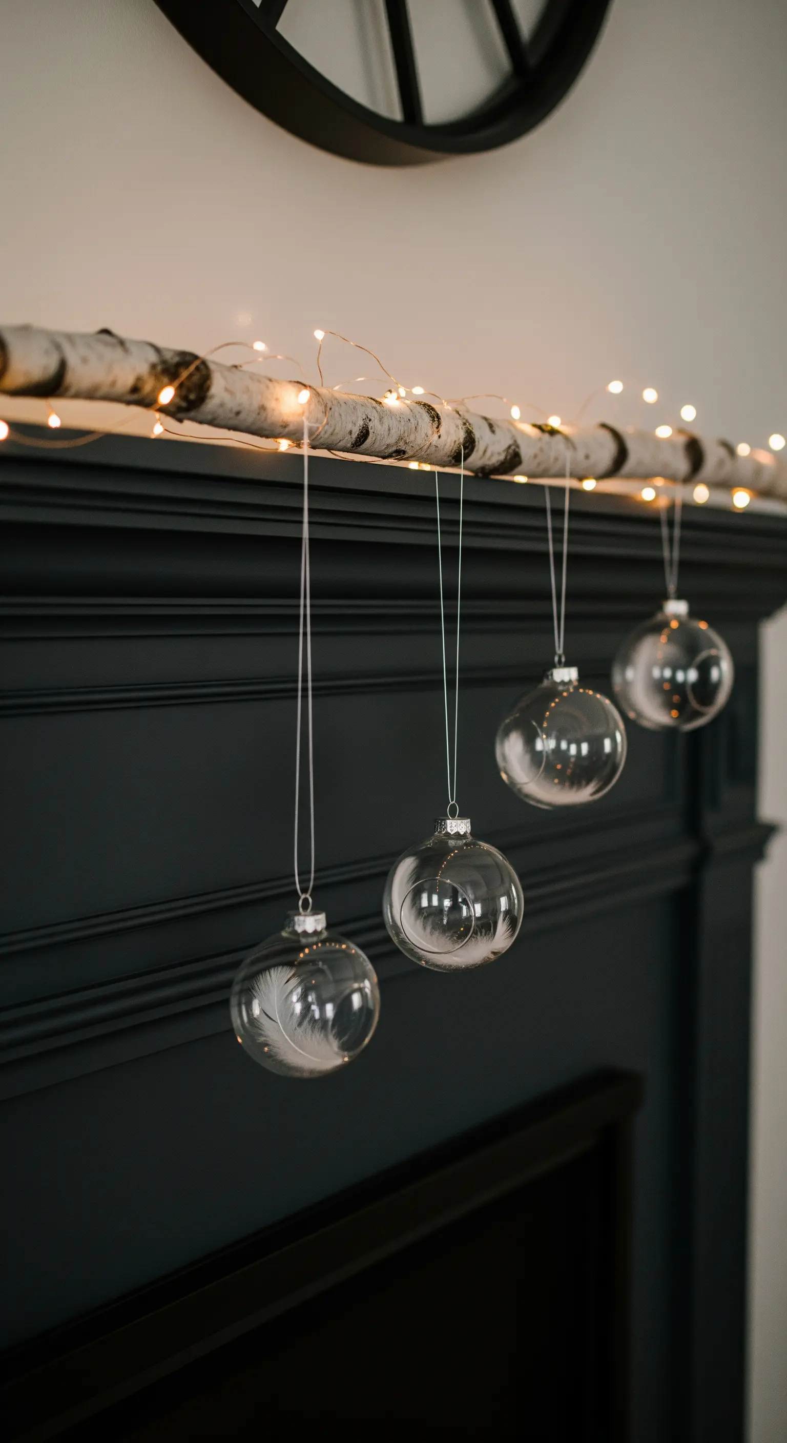 Minimalistische Winterdeko mit einem beleuchteten Birkenast und durchsichtigen Glaskugeln.