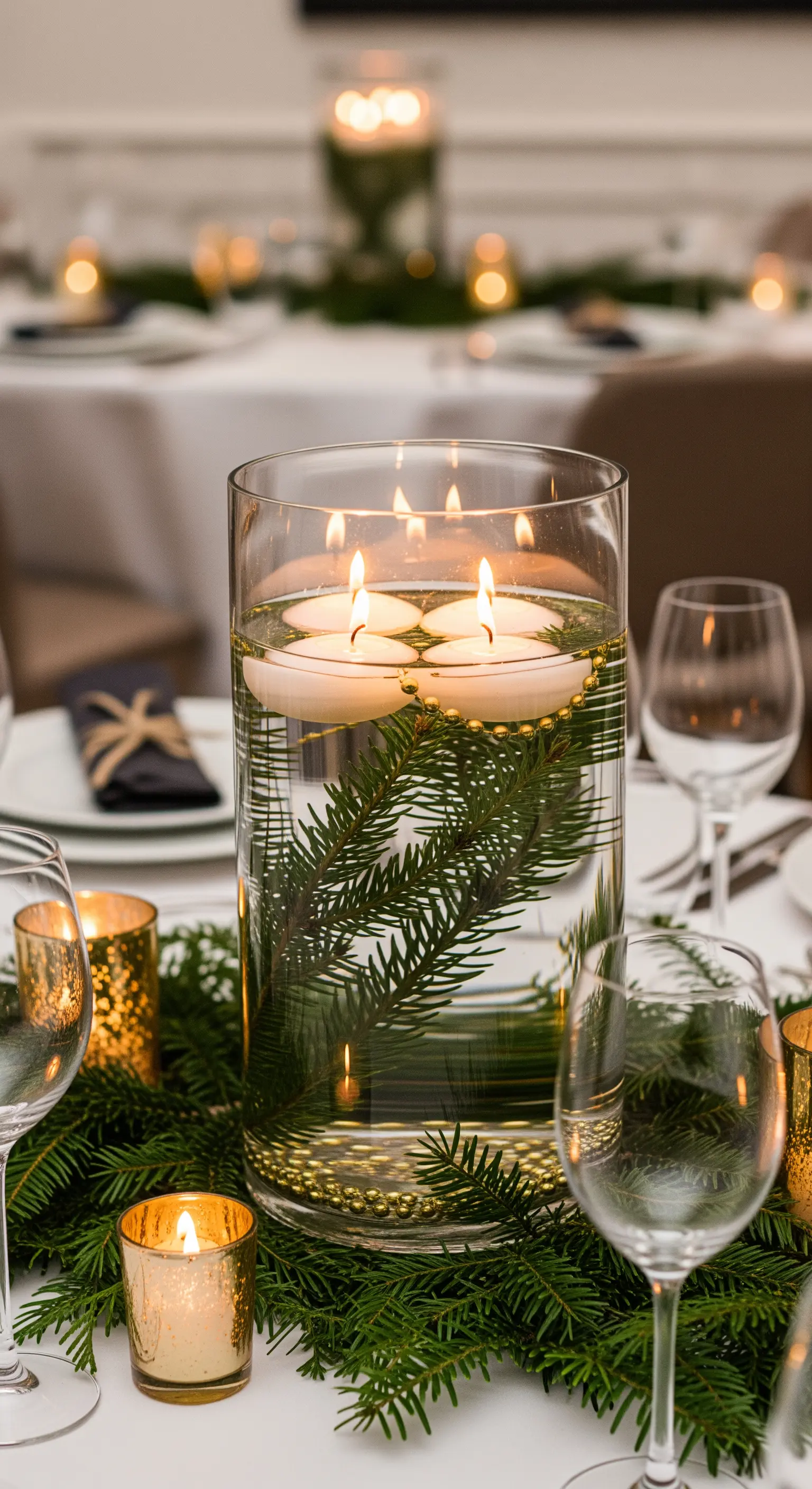 Hohe Glasvase mit Tannenzweigen, Wasser und schwimmenden Kerzen als Tischdeko.