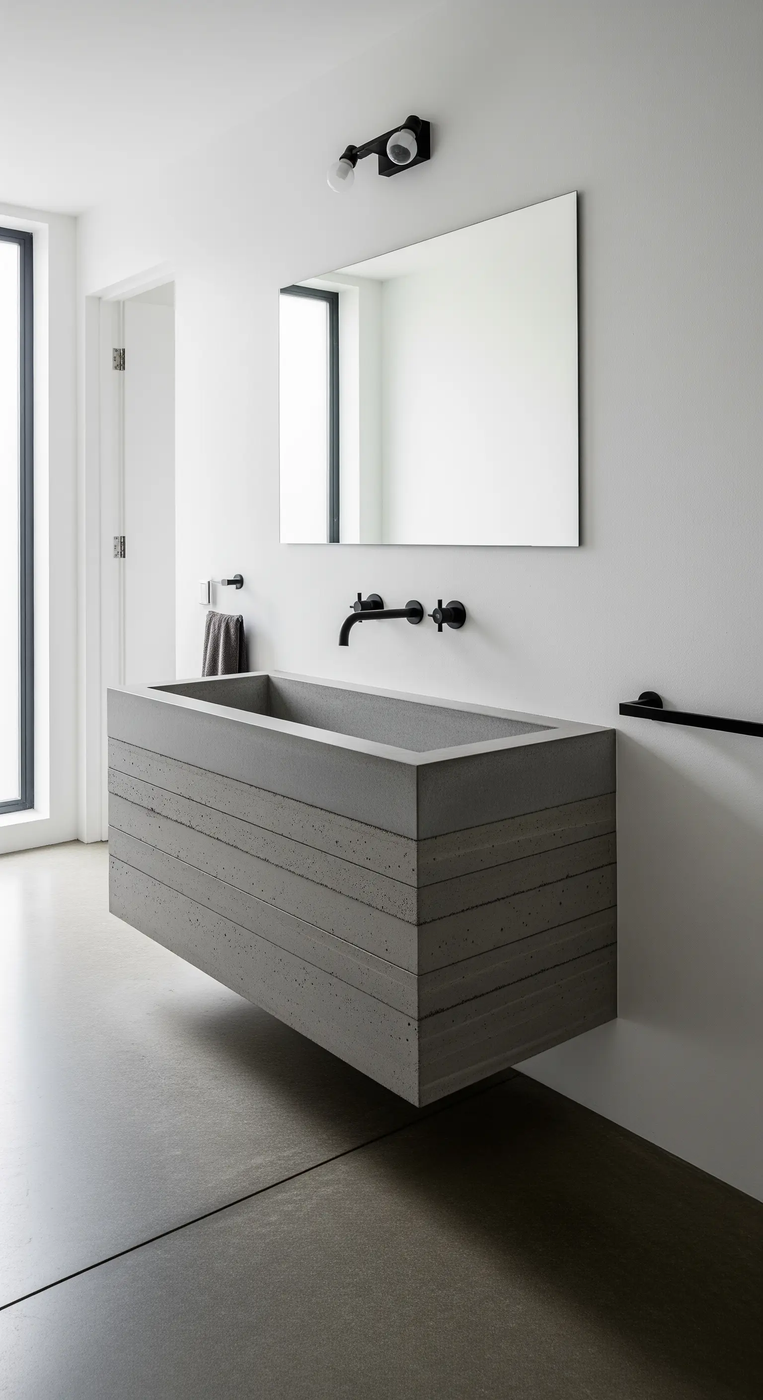 Schwebendes, geschichtetes Betonwaschbecken in einem minimalistischen, weißen Raum.