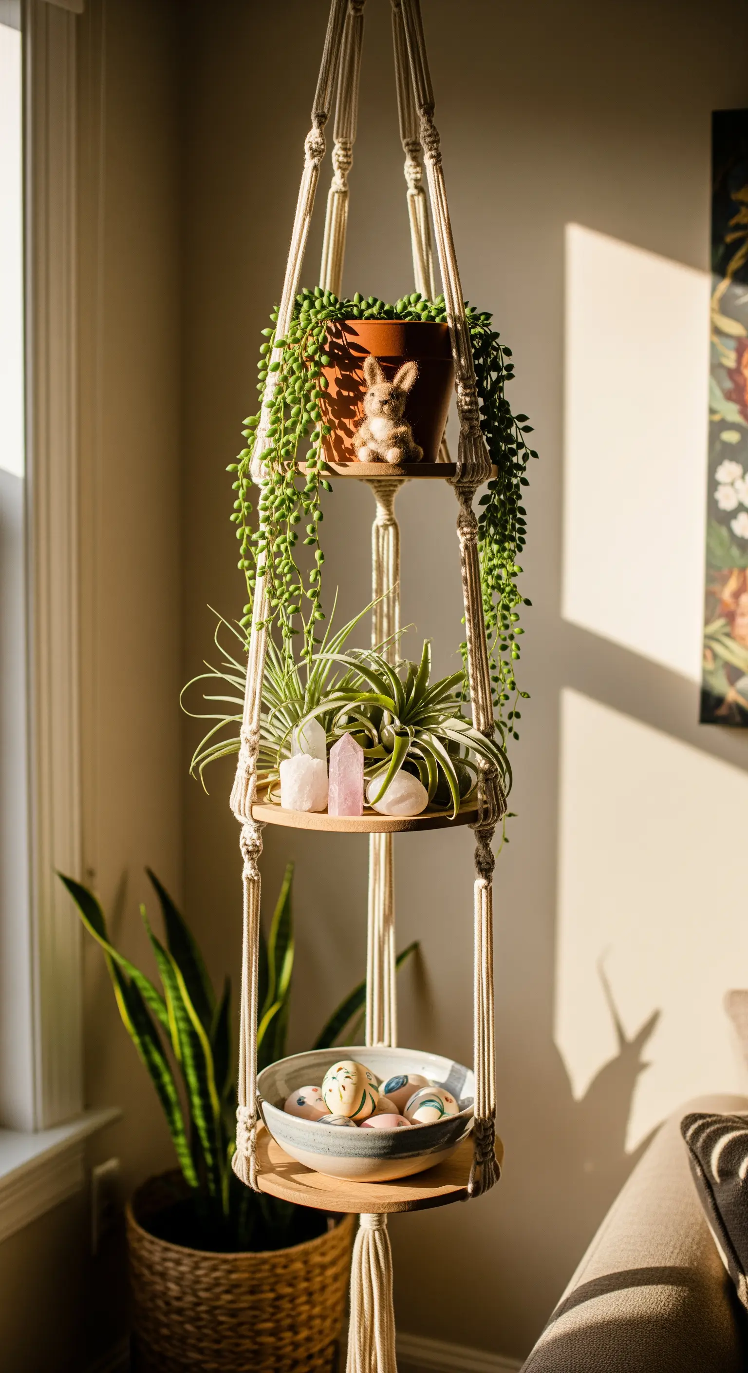 Hängende Makramee-Etagere mit Zimmerpflanzen und bemalten Eiern