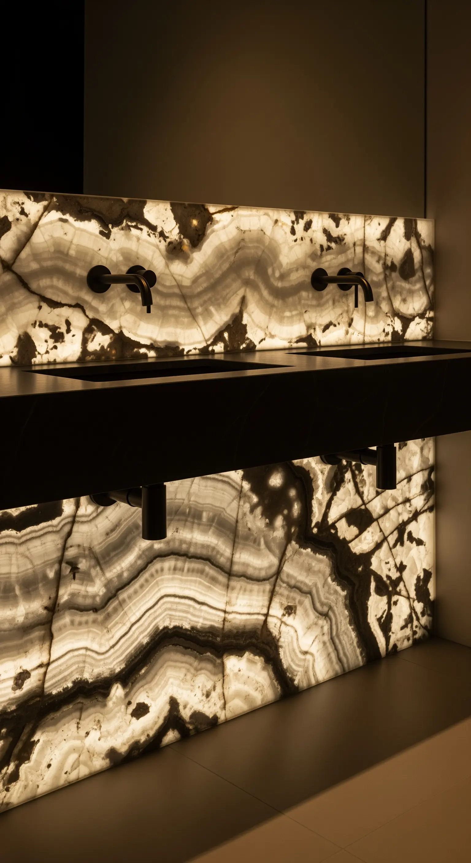 Hinterleuchtete Onyx-Wand, schwebender Doppelwaschtisch, mattschwarze Armaturen