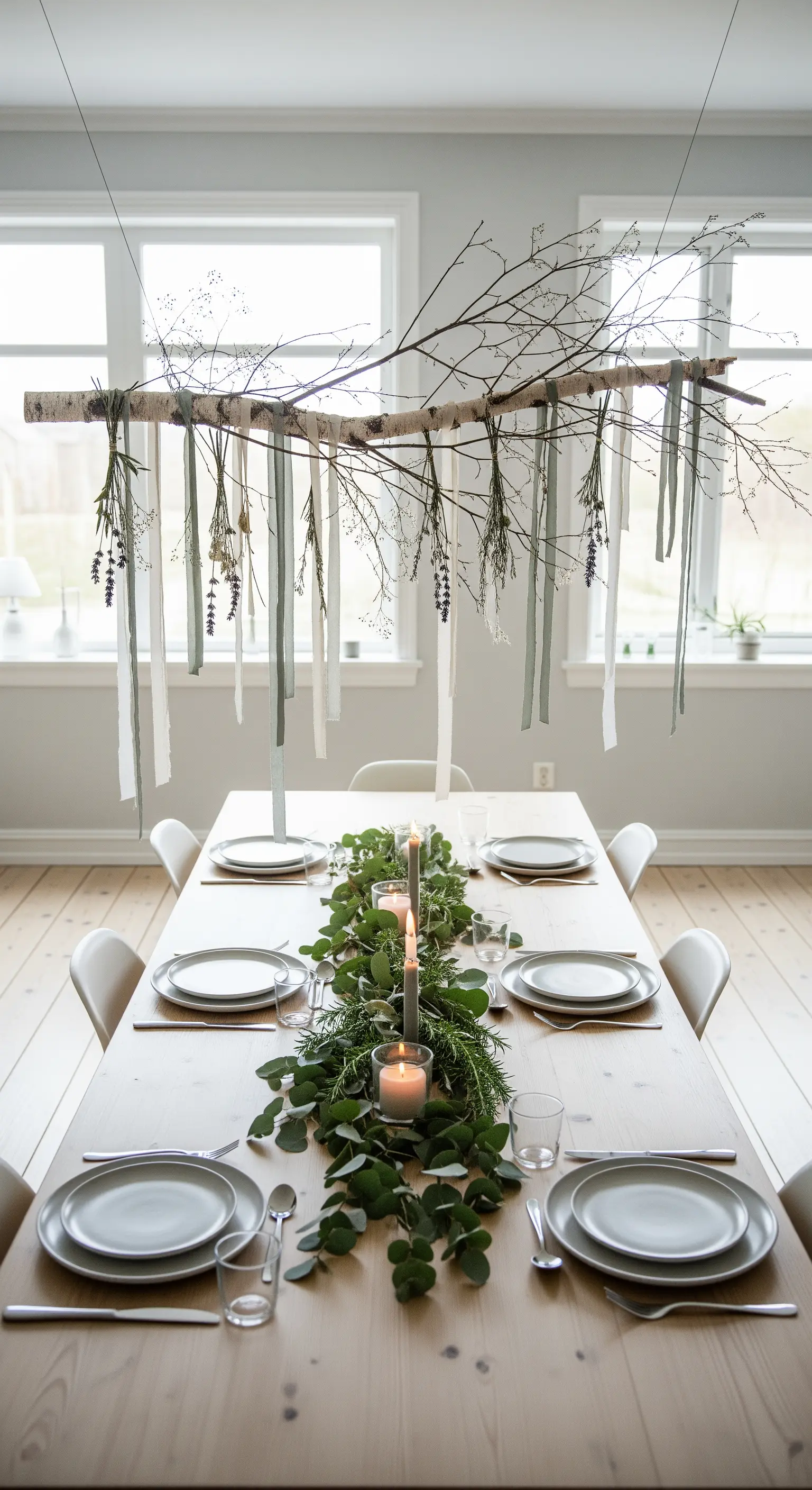 Hängender Birkenast mit Bändern und getrockneten Blumen über Esstisch