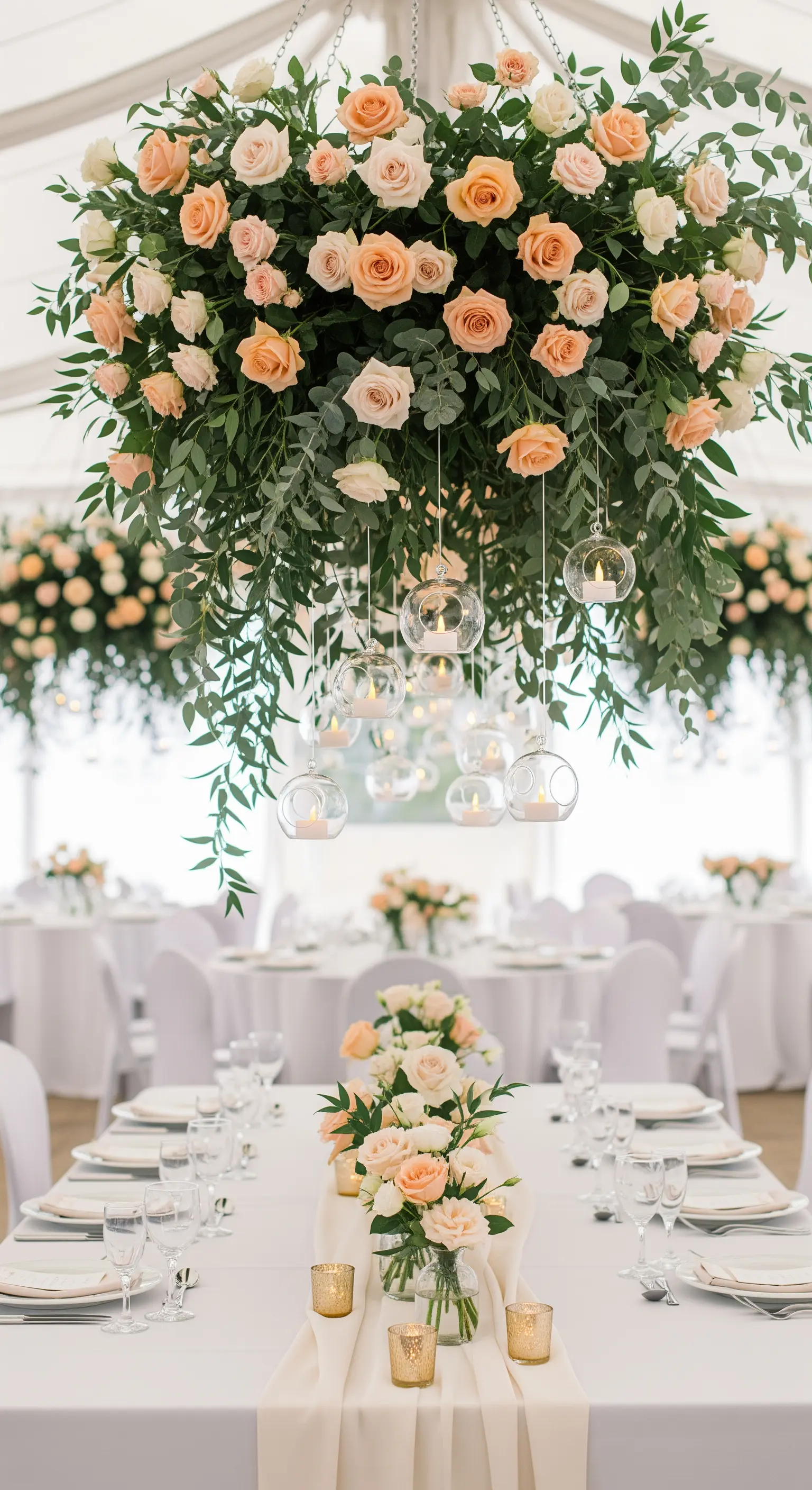 Hängendes Blumenarrangement mit Rosen und Kerzen über einer Hochzeitstafel.