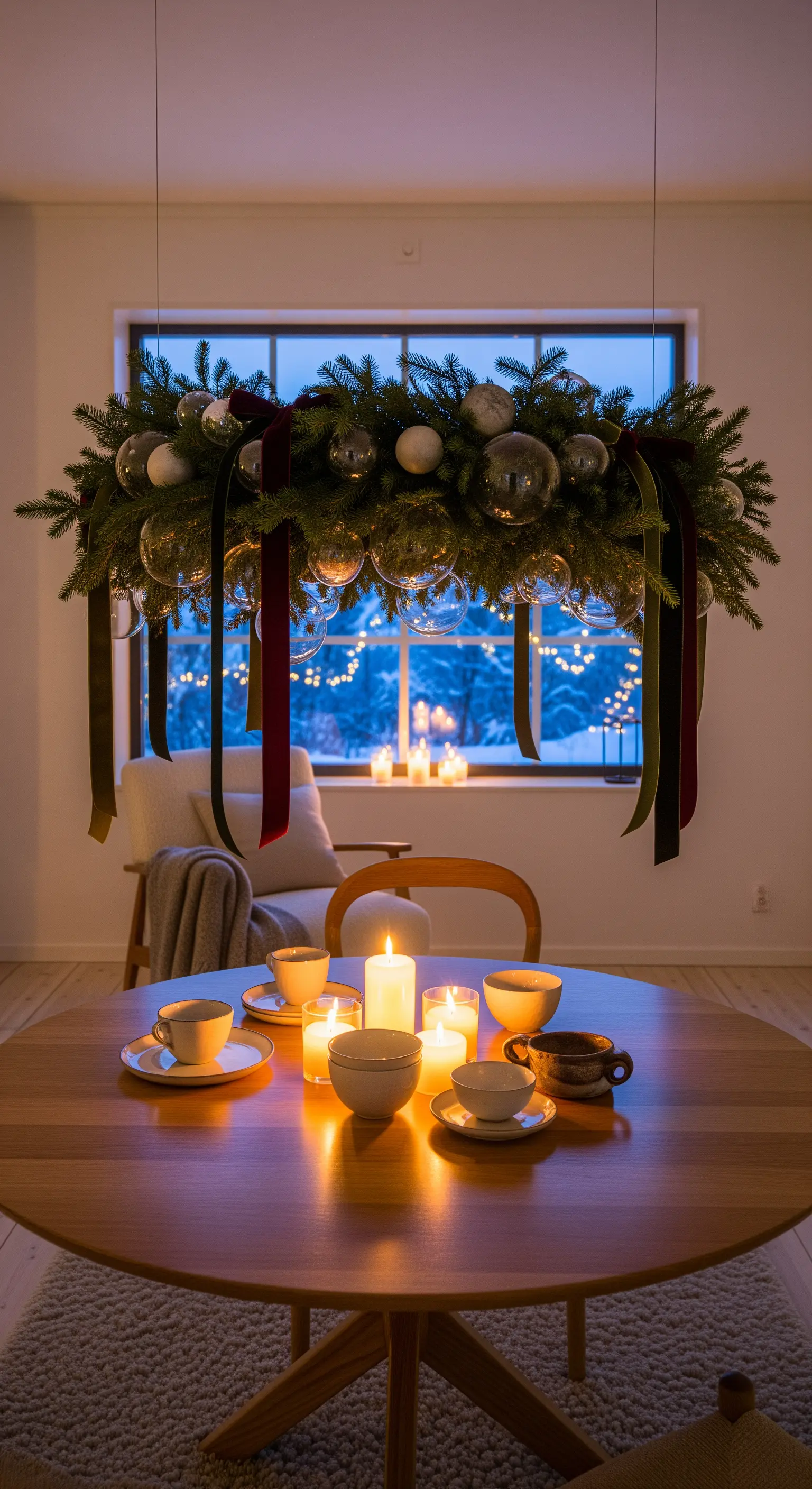 Schwebender Tannenkranz mit Kugeln und Samtbändern über einem Esstisch mit Kerzen.