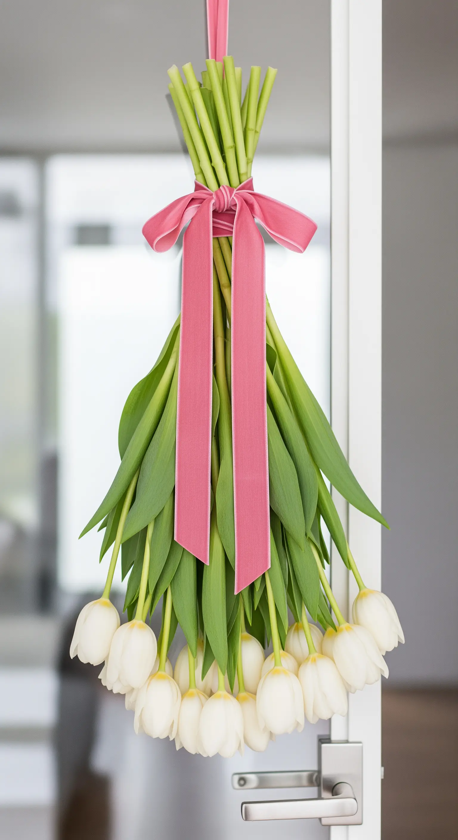 Kopfüber hängender Bund weißer Tulpen, zusammengebunden mit einem pinkfarbenen Samtband.