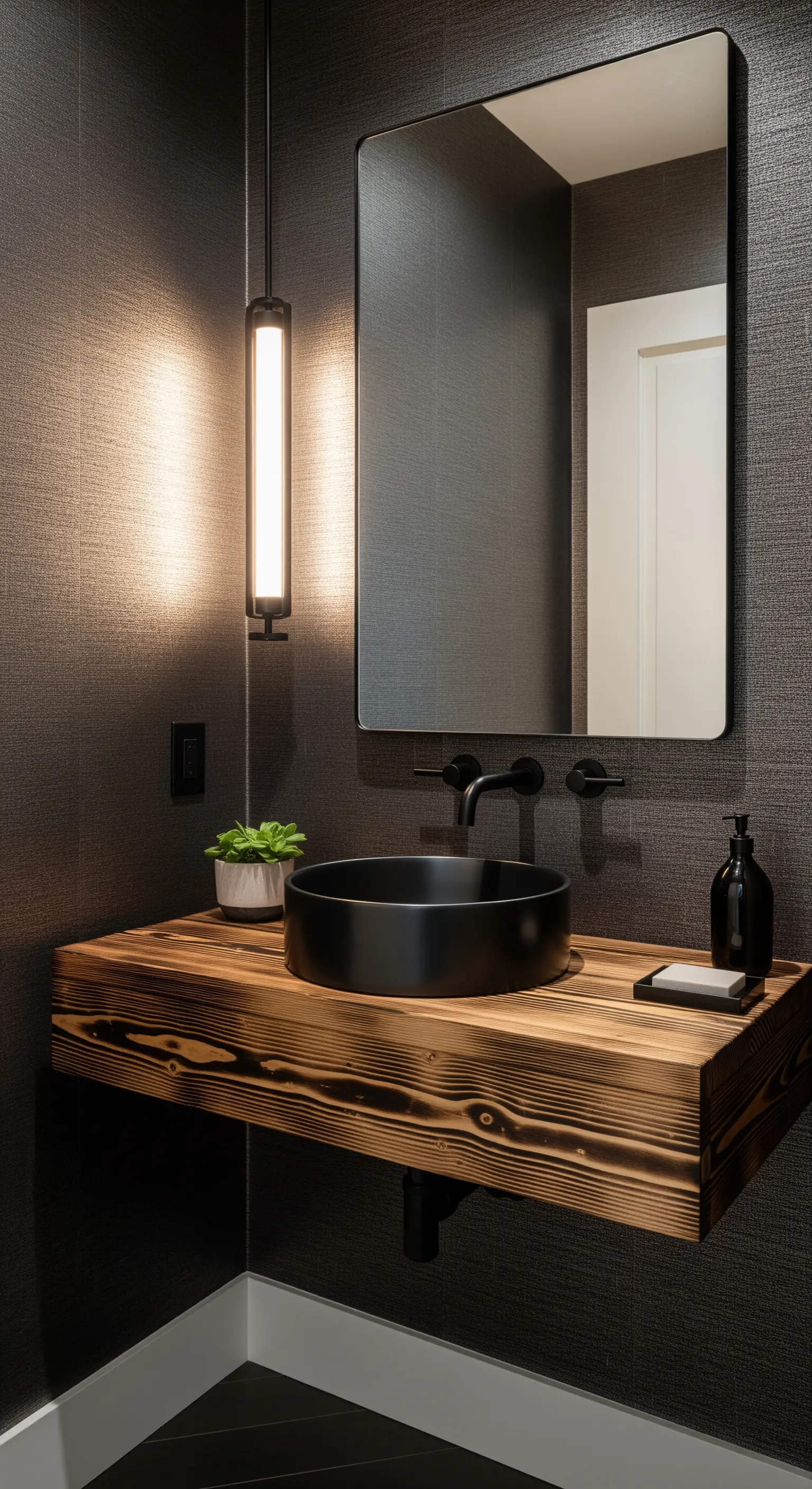 Gästebad mit schwebendem Holzwastisch, schwarzem Waschbecken und vertikaler LED-Leuchte