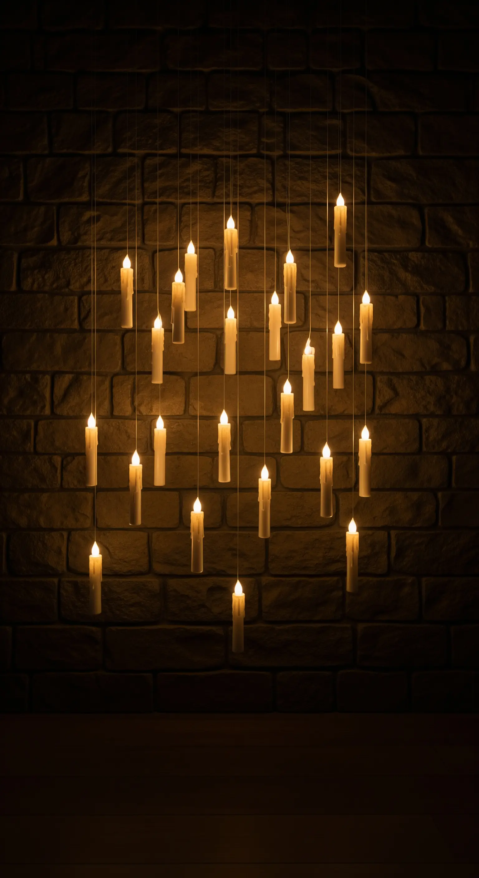 Viele schwebende LED-Kerzen, die von der Decke vor einer Backsteinwand hängen.