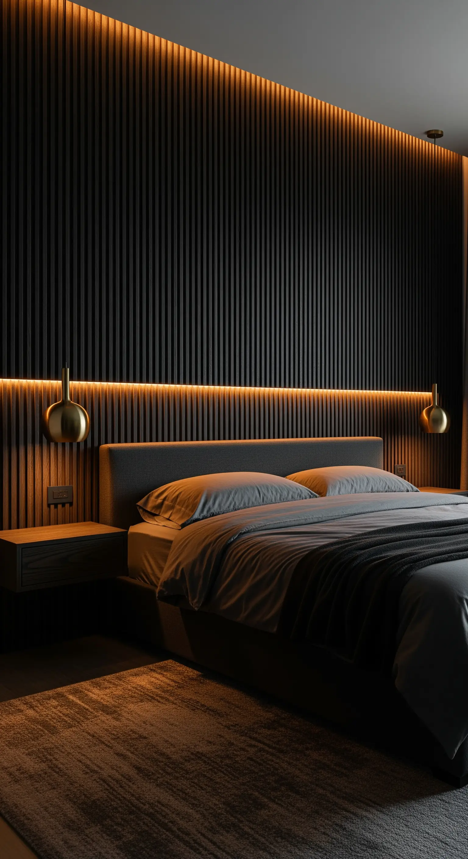 Schlafzimmer mit dunkler Lamellenwand und einem horizontalen LED-Band als Kopfteil.