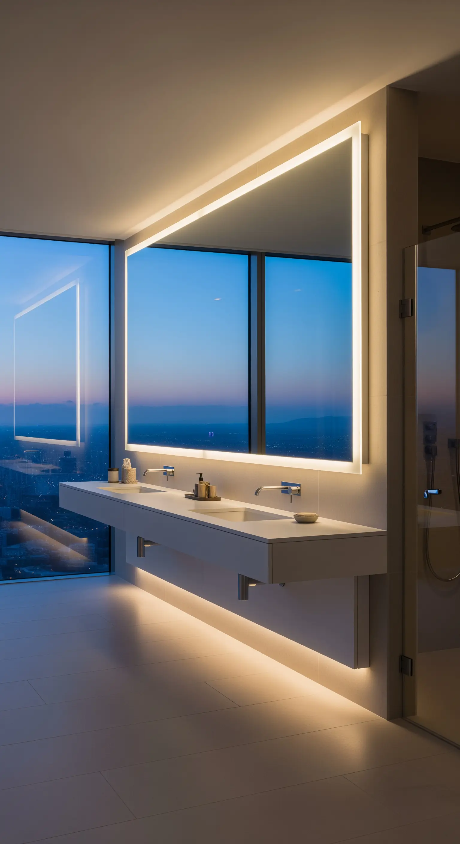 Großer LED-Spiegel und schwebender Waschtisch vor einem bodentiefen Fenster mit Stadtblick.