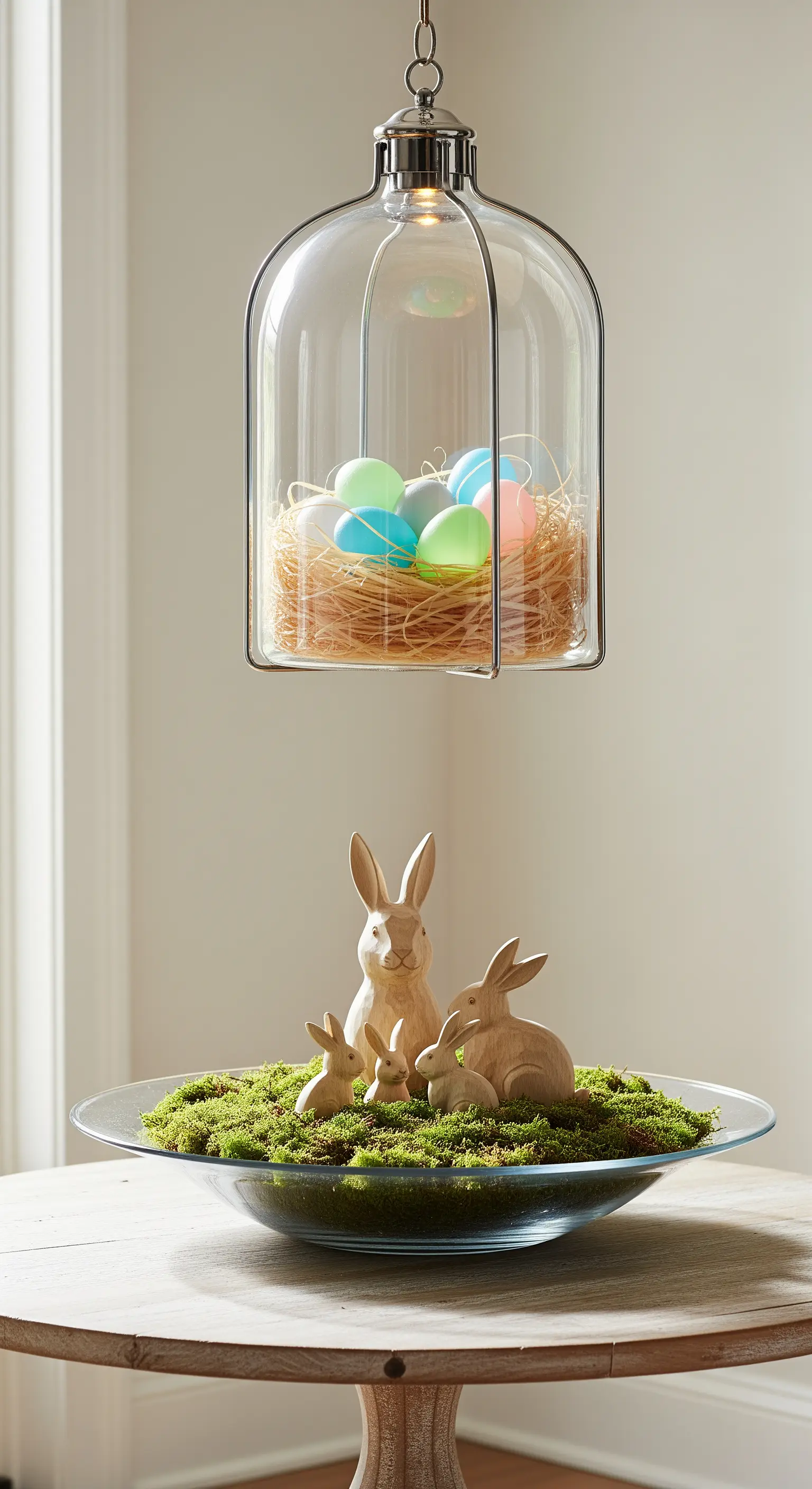 Schwebendes Osternest unter Glas, Holzhasen und Moos in Glasschale