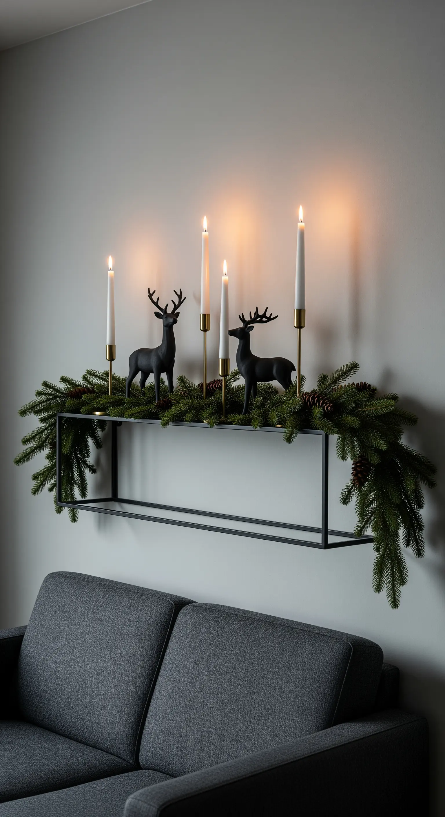 Schwebendes Regal mit Tannengirlande, goldene Kerzenständern und Hirschfiguren über Sofa.