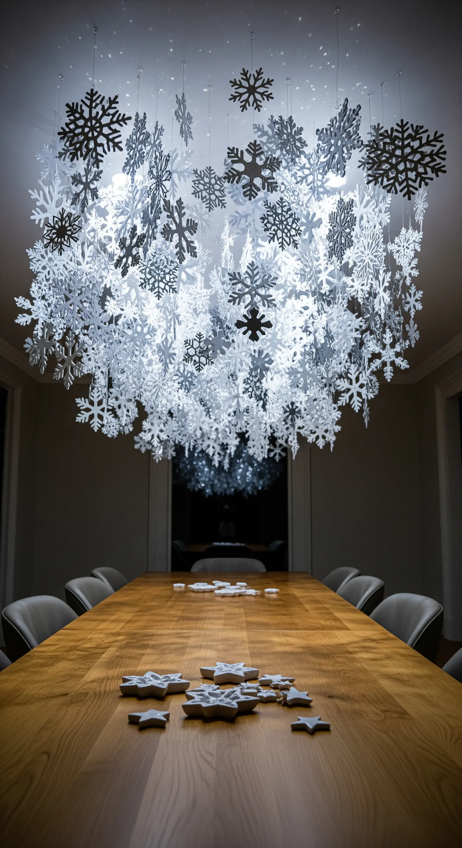Esstisch mit schwebenden Schneeflocken von der Decke und Kerzen auf dem Tisch