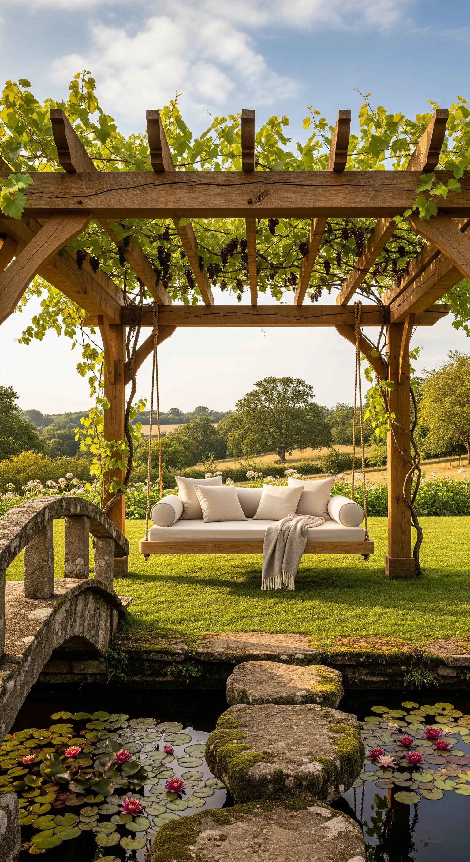 Hängeliege unter weinbewachsener Pergola über Seerosenteich mit Trittsteinen