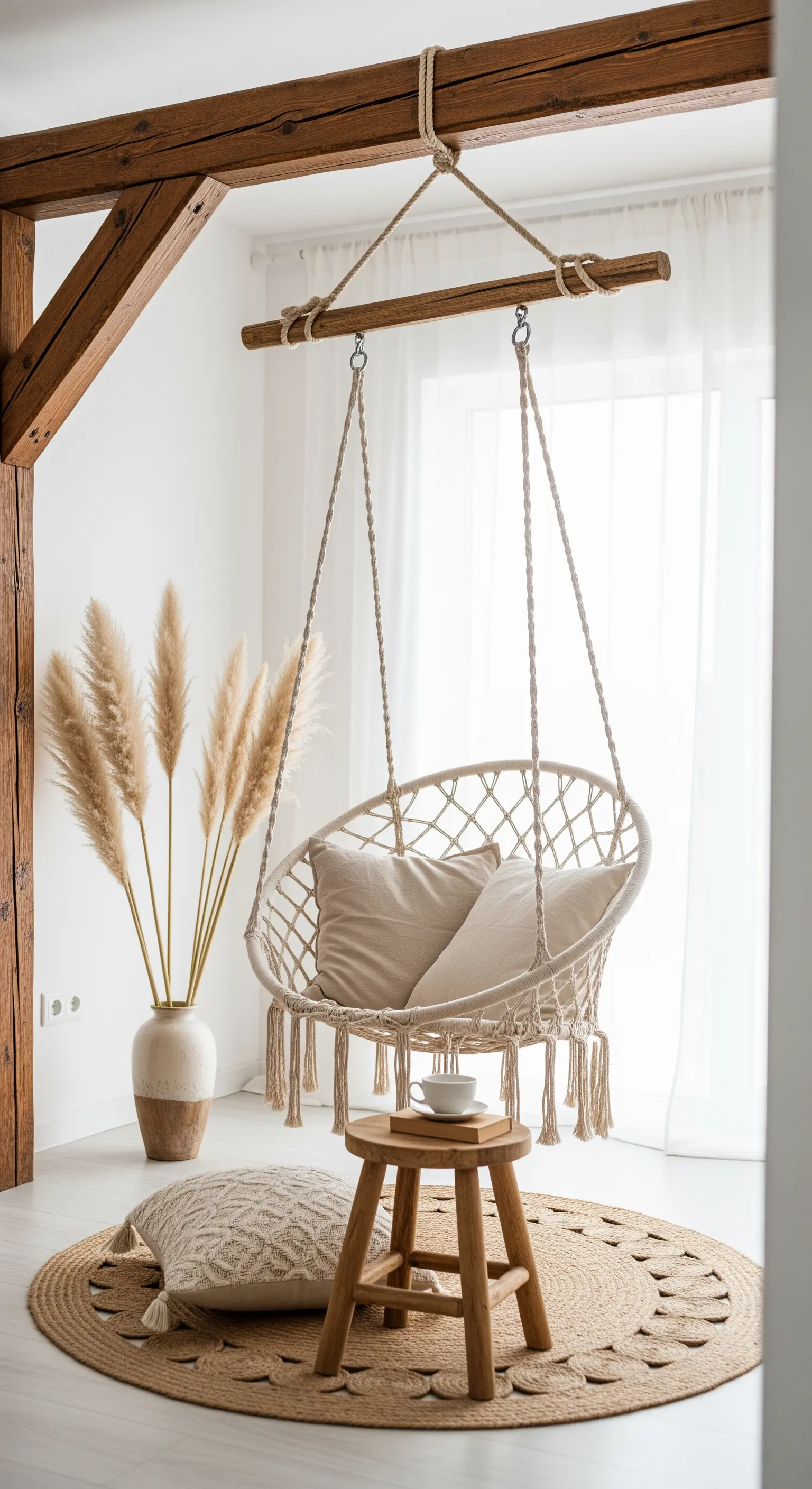 Heller Hängesessel aus Makramee in einer minimalistischen Boho-Ecke mit Jute-Teppich.