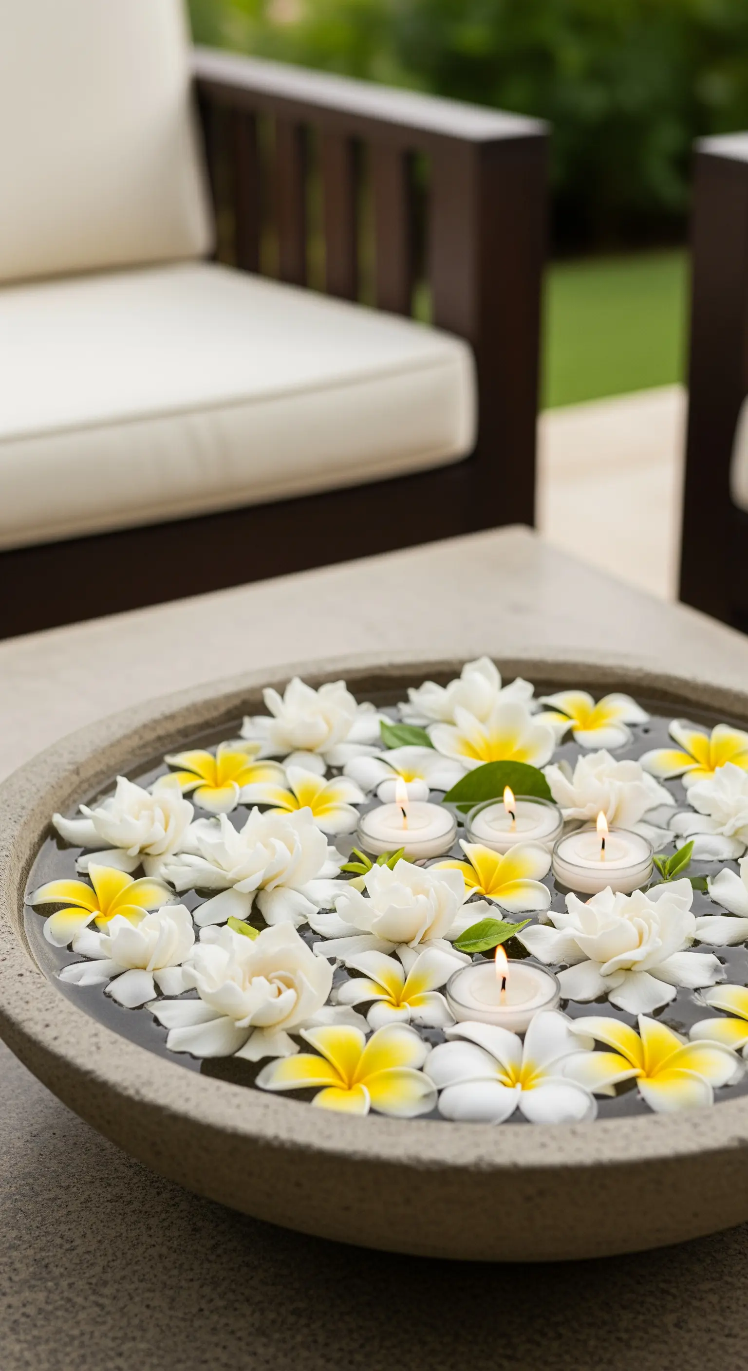 Eine Steinschale mit Wasser, in der weiße und gelbe Frangipani-Blüten neben schwimmenden Teelichtern treiben.