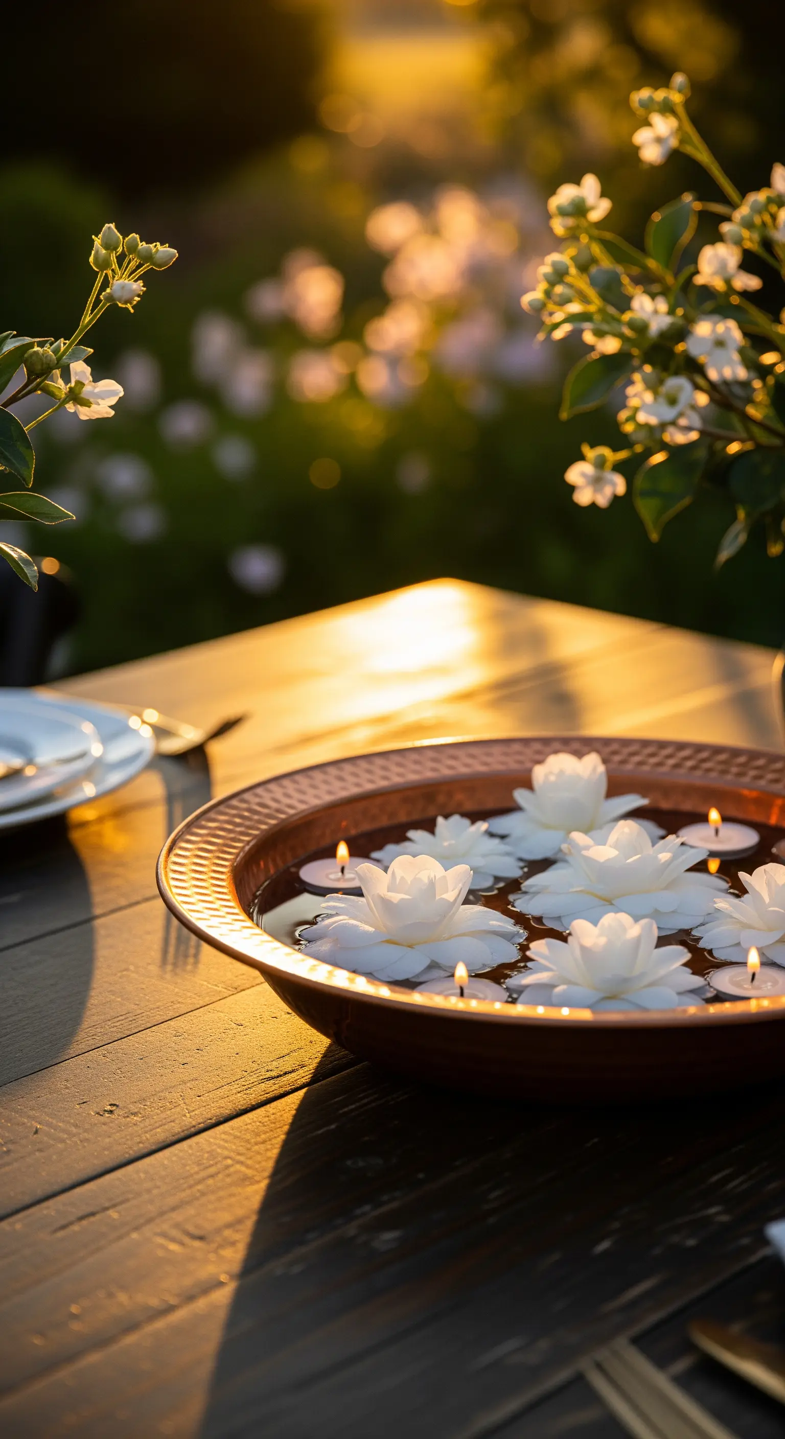Schwimmende weiße Blüten und Kerzen in einem Kupferbecken