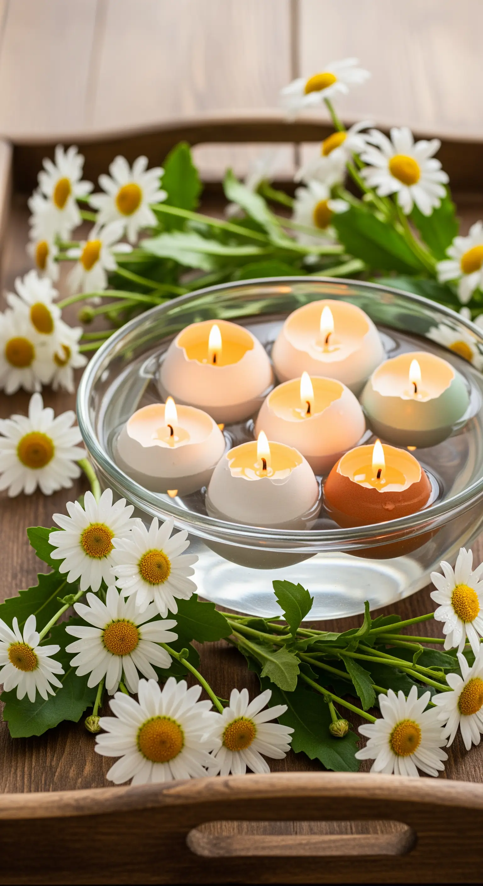 Schwimmende Kerzen in Eierschalen umgeben von Gänseblümchen in einer Glasschale