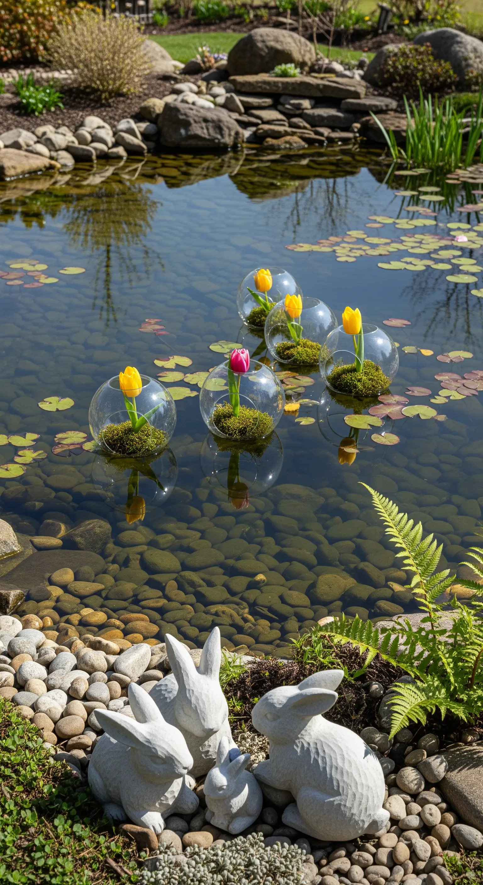 Gartenteich mit schwimmenden Glaskugeln, in denen Tulpen und Moos arrangiert sind.
