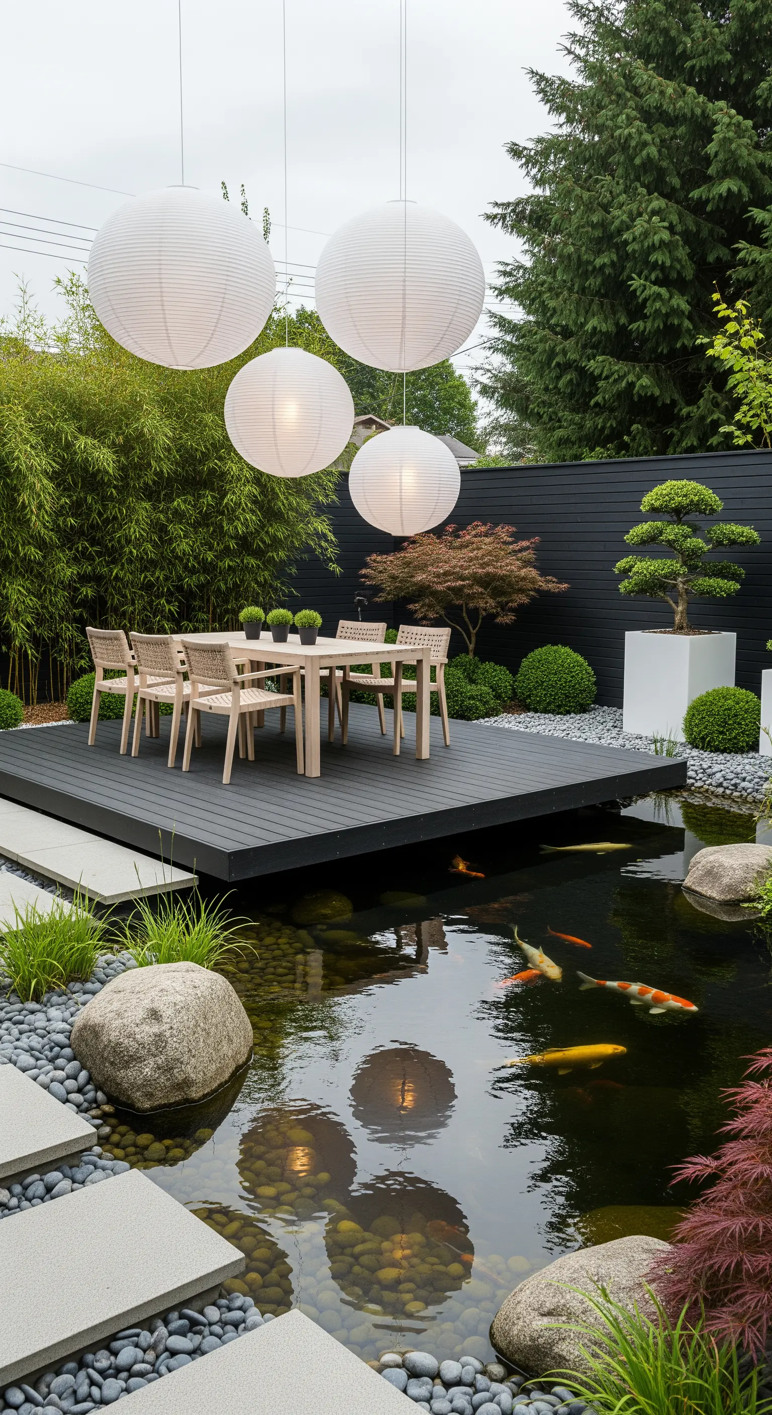Japandi Holzterrasse, große Papierlaternen, Koiteich, Bambus