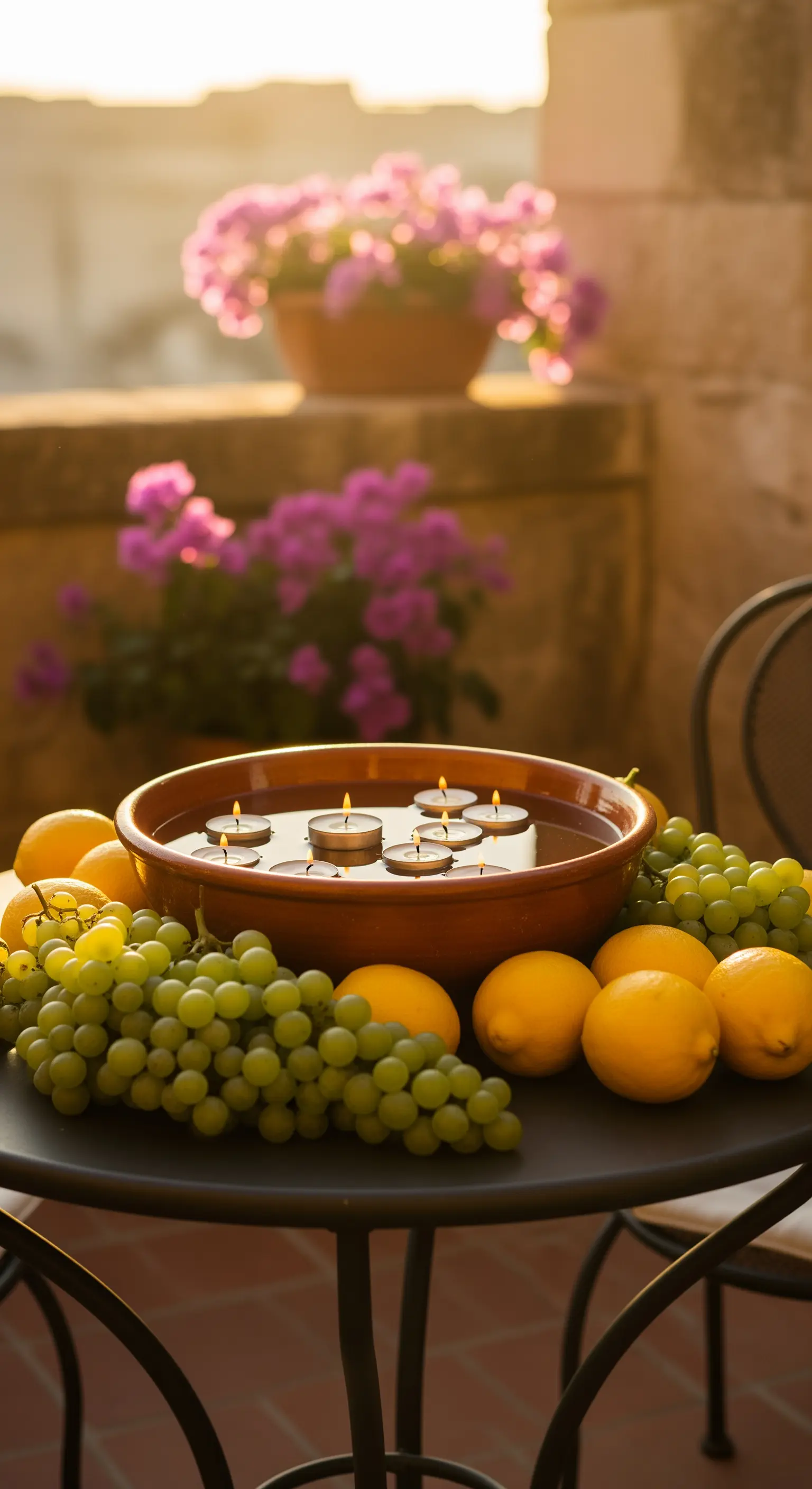 Balkontisch mit schwimmenden Kerzen, Zitronen und Trauben, umrahmt von Bougainvillea