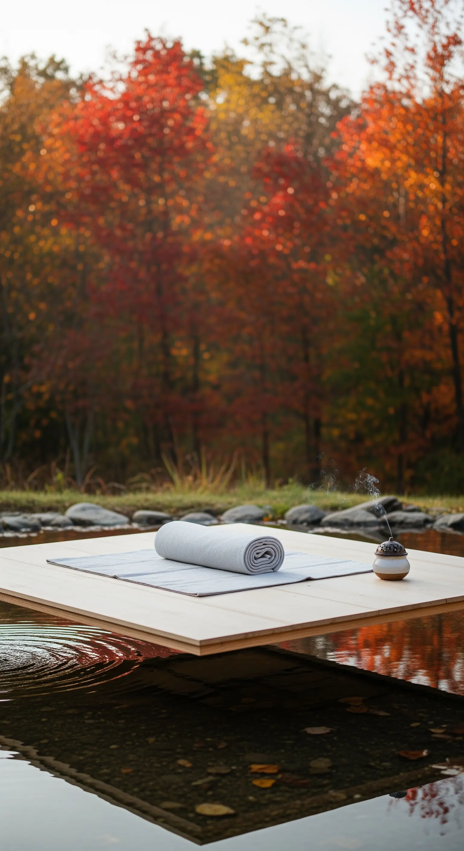 Meditationsplattform auf Wasser mit Räucherstäbchen und Herbstbäumen