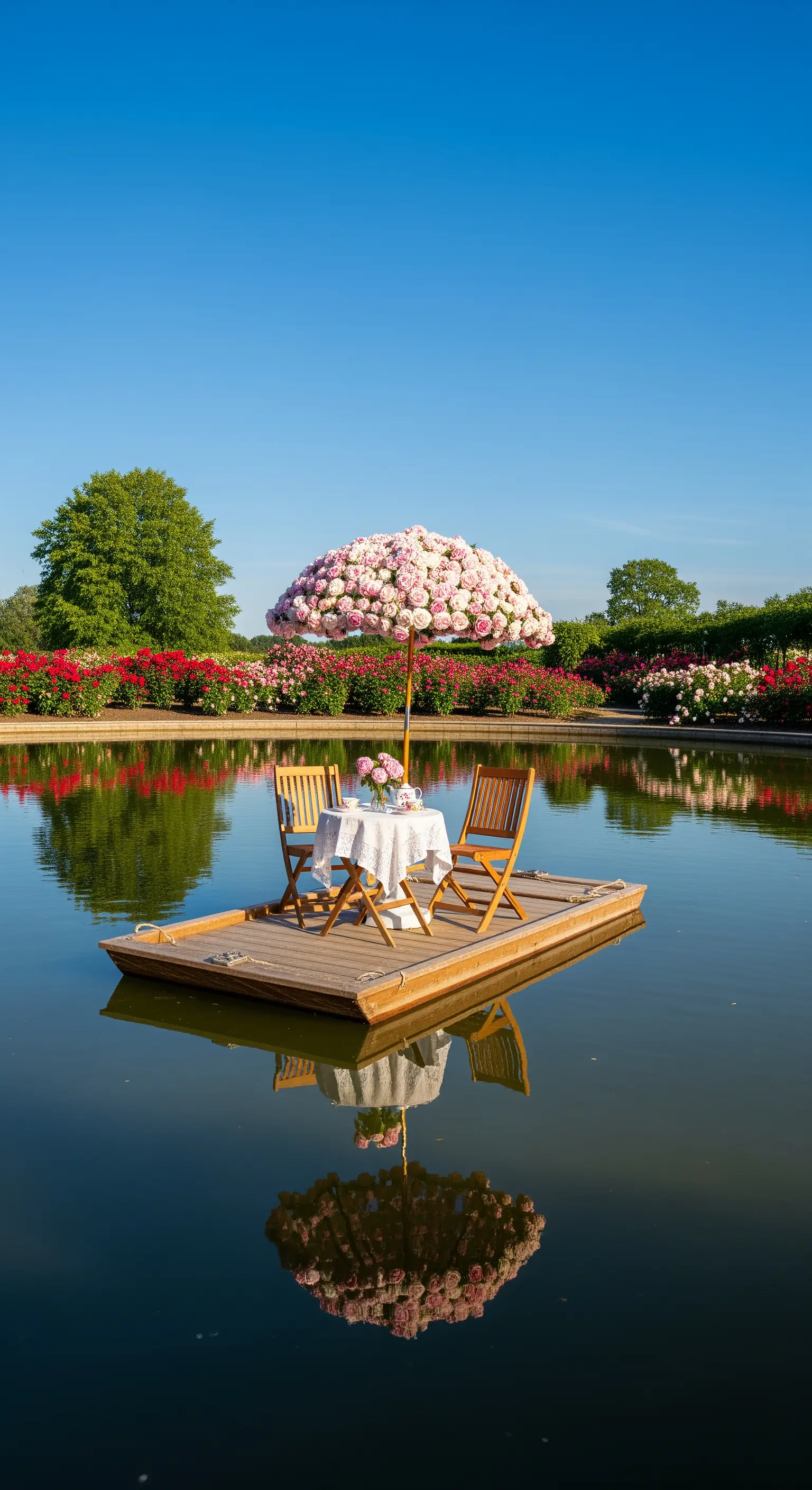 Schwimmende Plattform mit Teetisch und Stühlen, rosa Rosen-Sonnenschirm auf Teich
