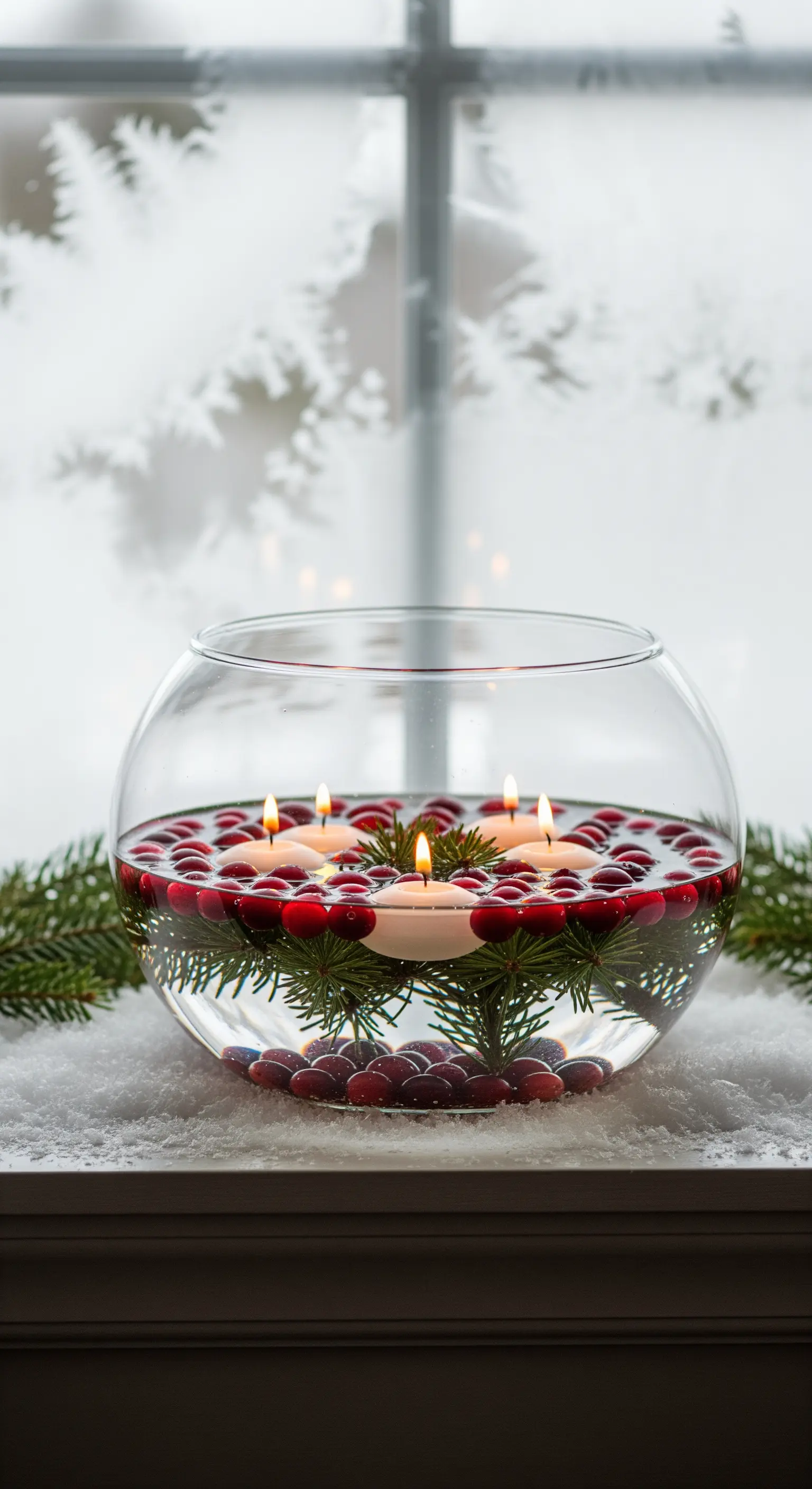 Schwimmkerzen in einer Glasschale mit Wasser, Cranberries und Tannenzweigen.