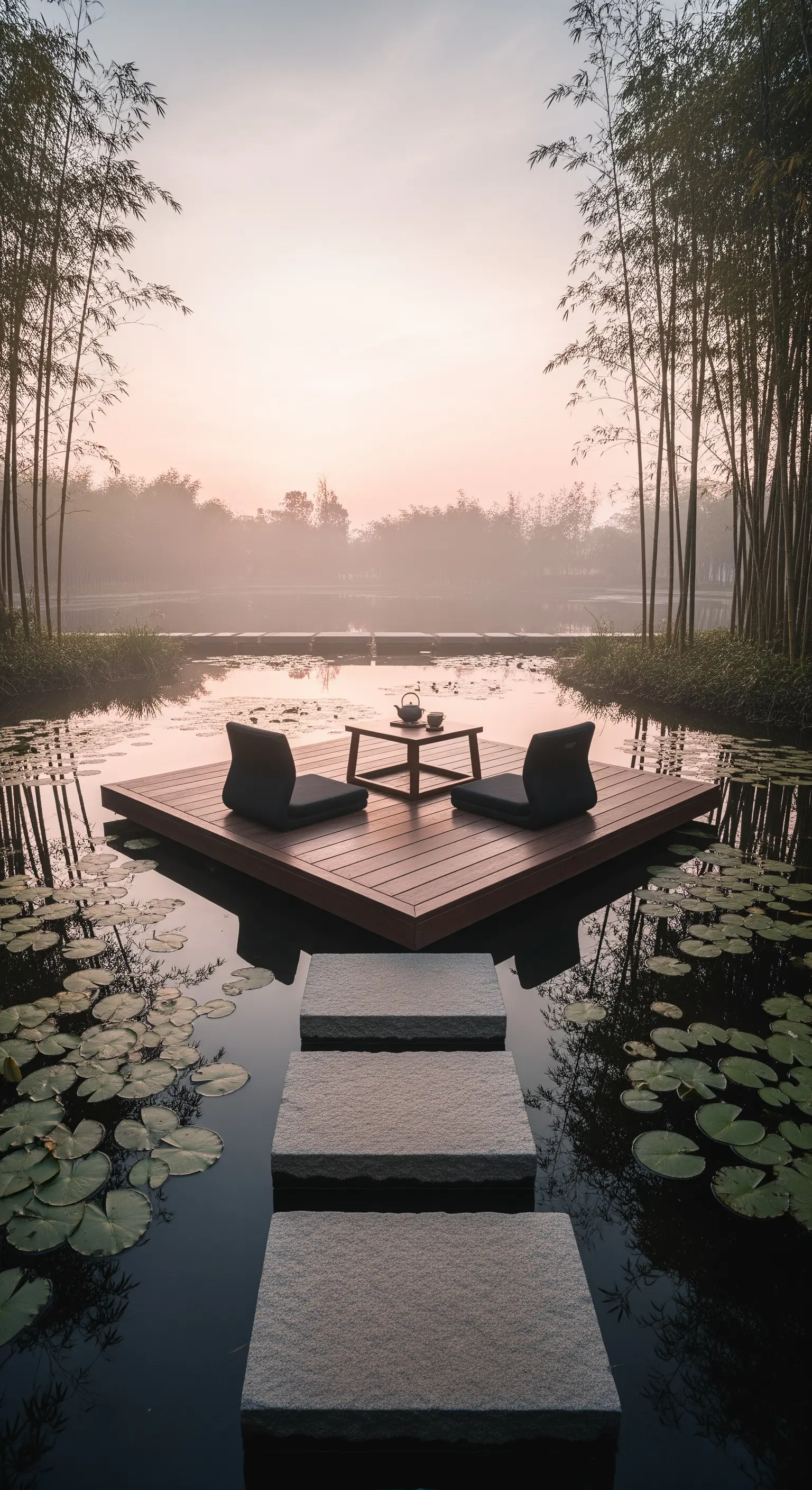 Holzplattform als Teeecke auf einem Teich mit Seerosen und Trittsteinen